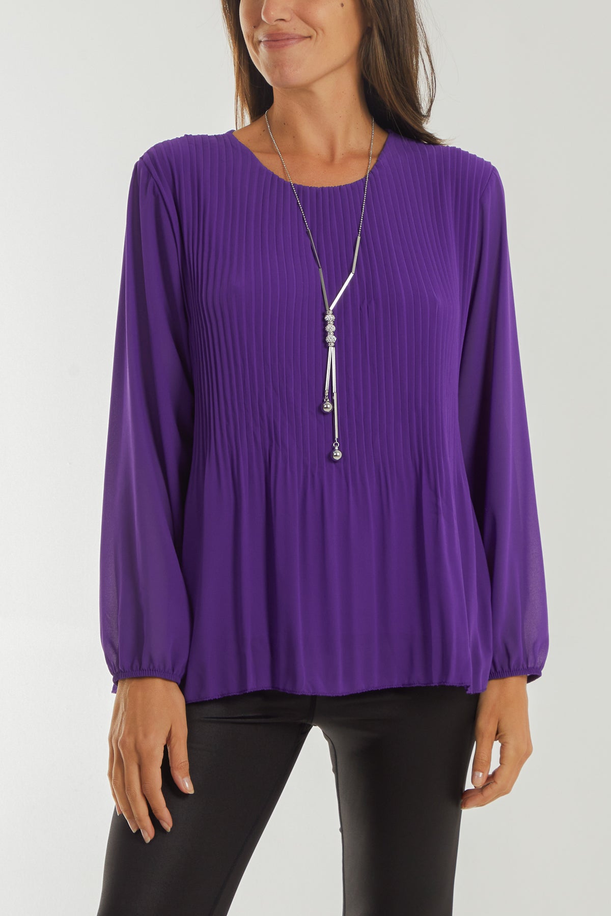 Pleated Long Sleeve Necklace Top