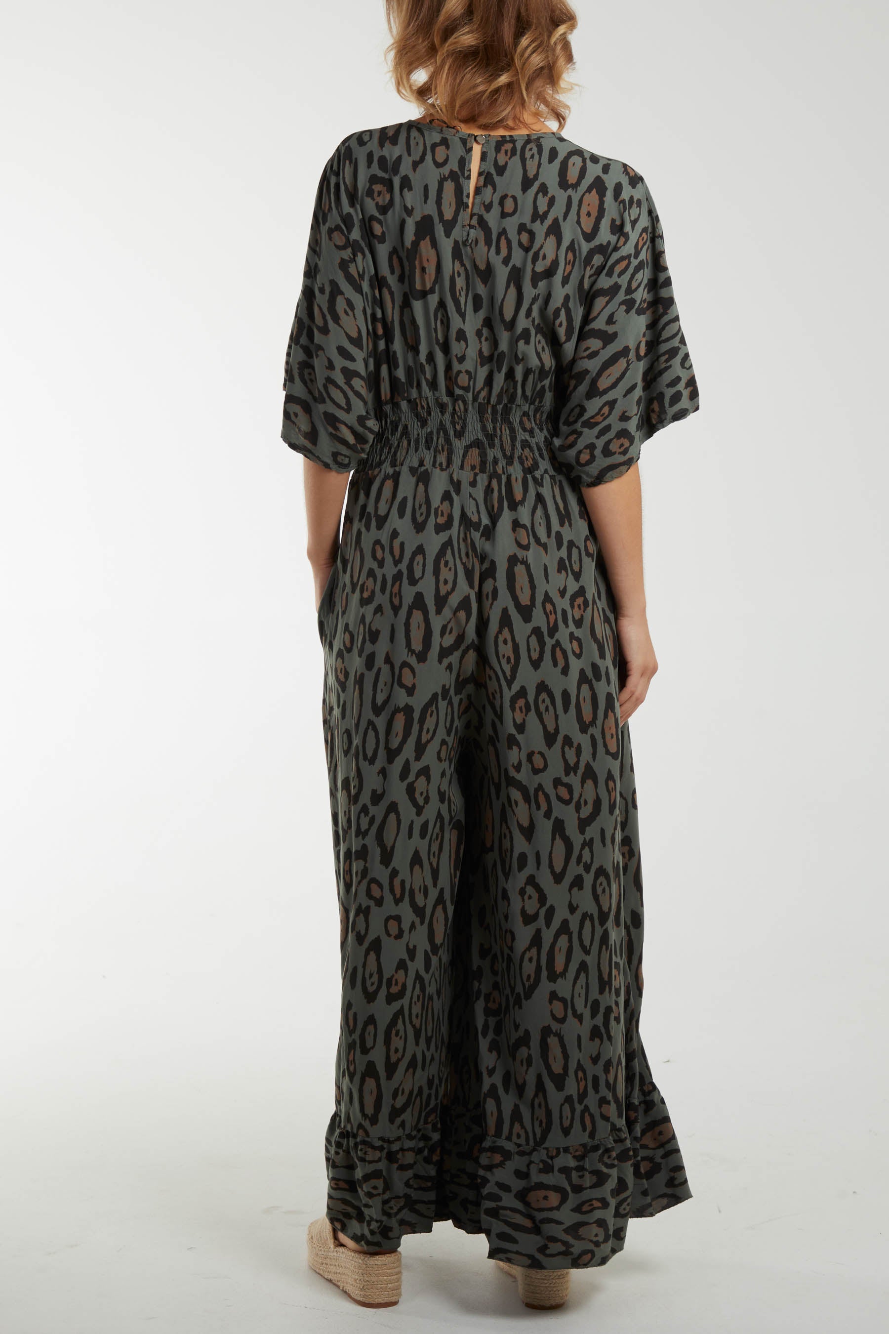 Leopard Wrap Front Shirred Bodice Jumpsuit