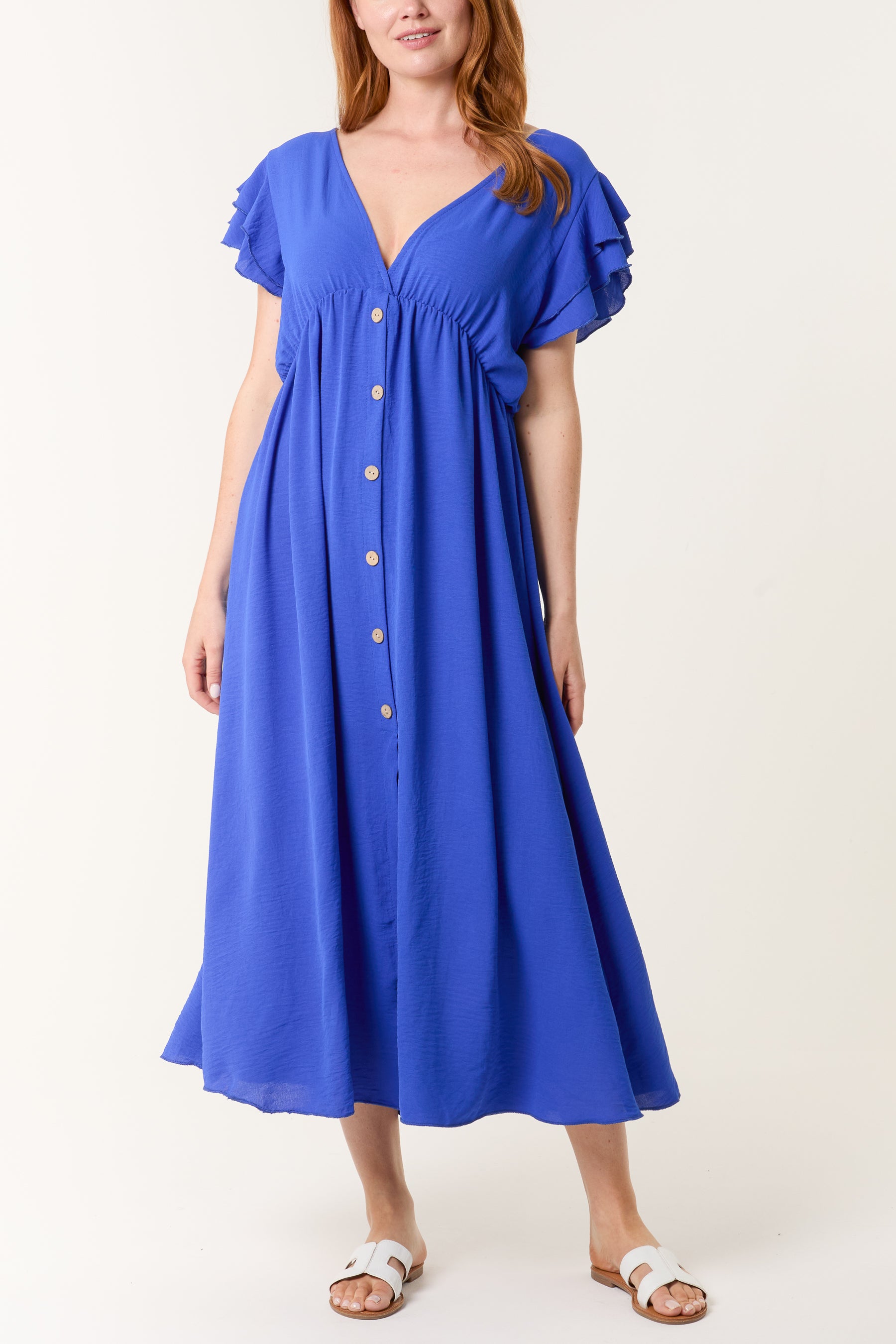Flutter Sleeve Button Midi Dress