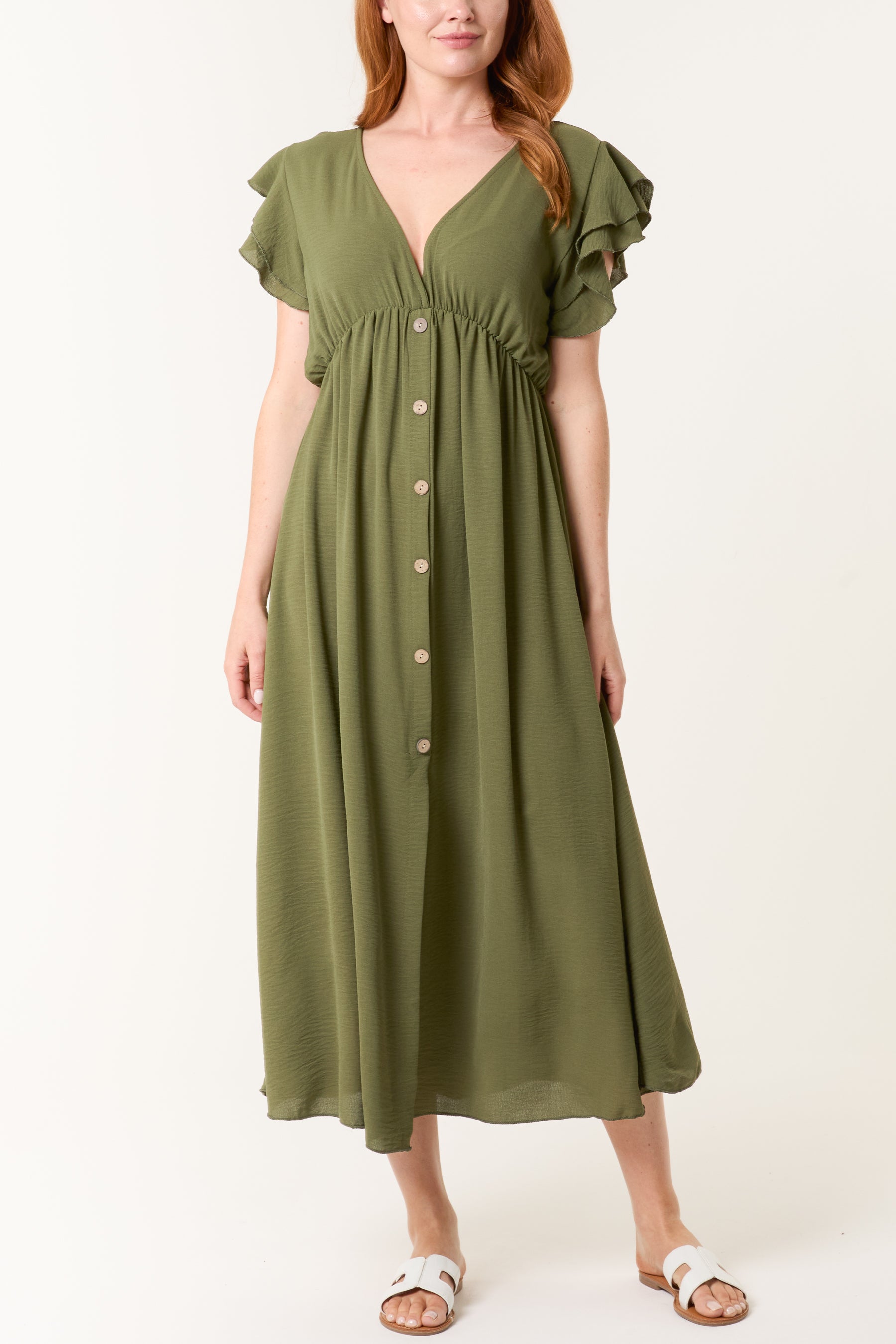 Flutter Sleeve Button Midi Dress