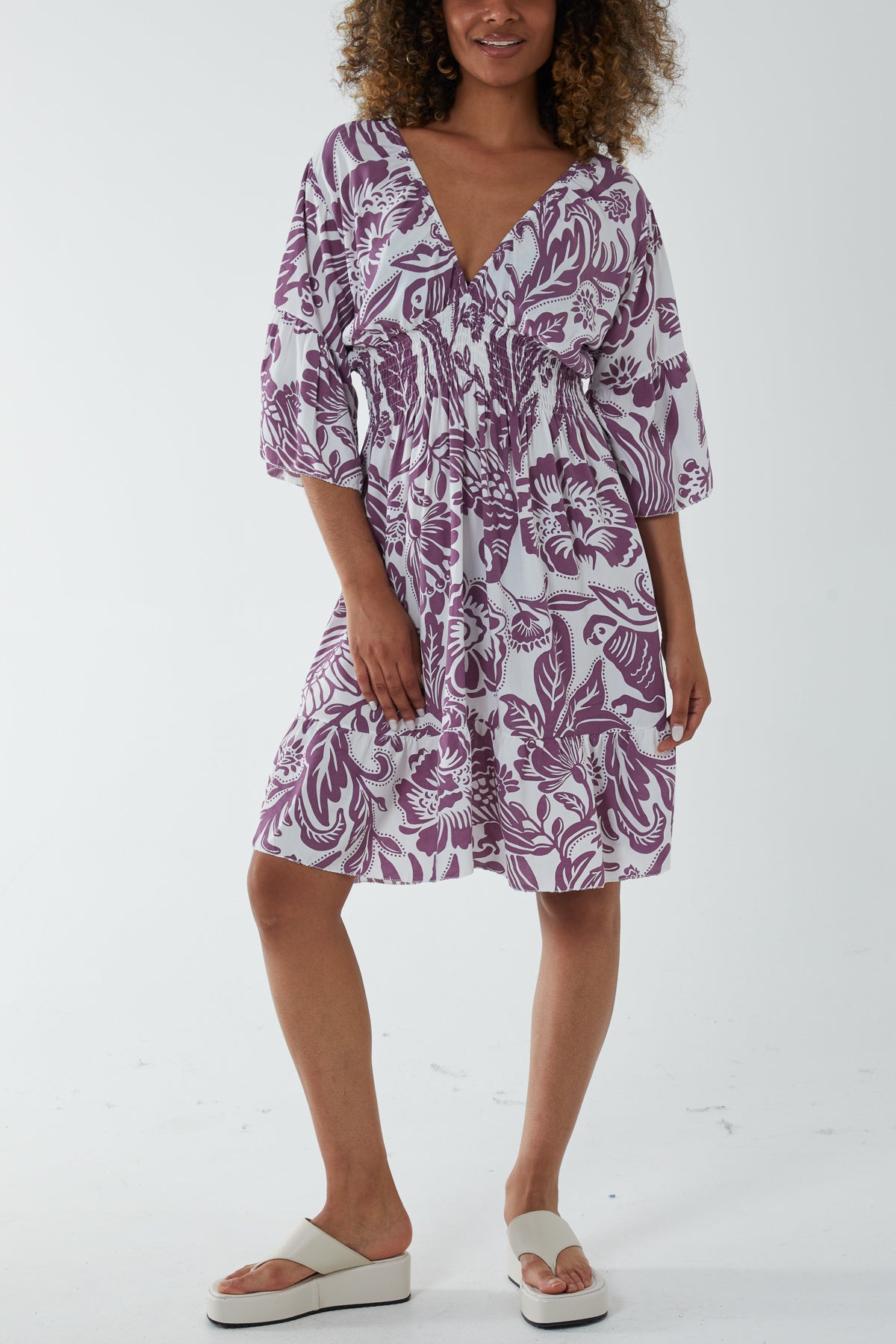 Monochromatic Floral Shirred Bodice Mini Dress