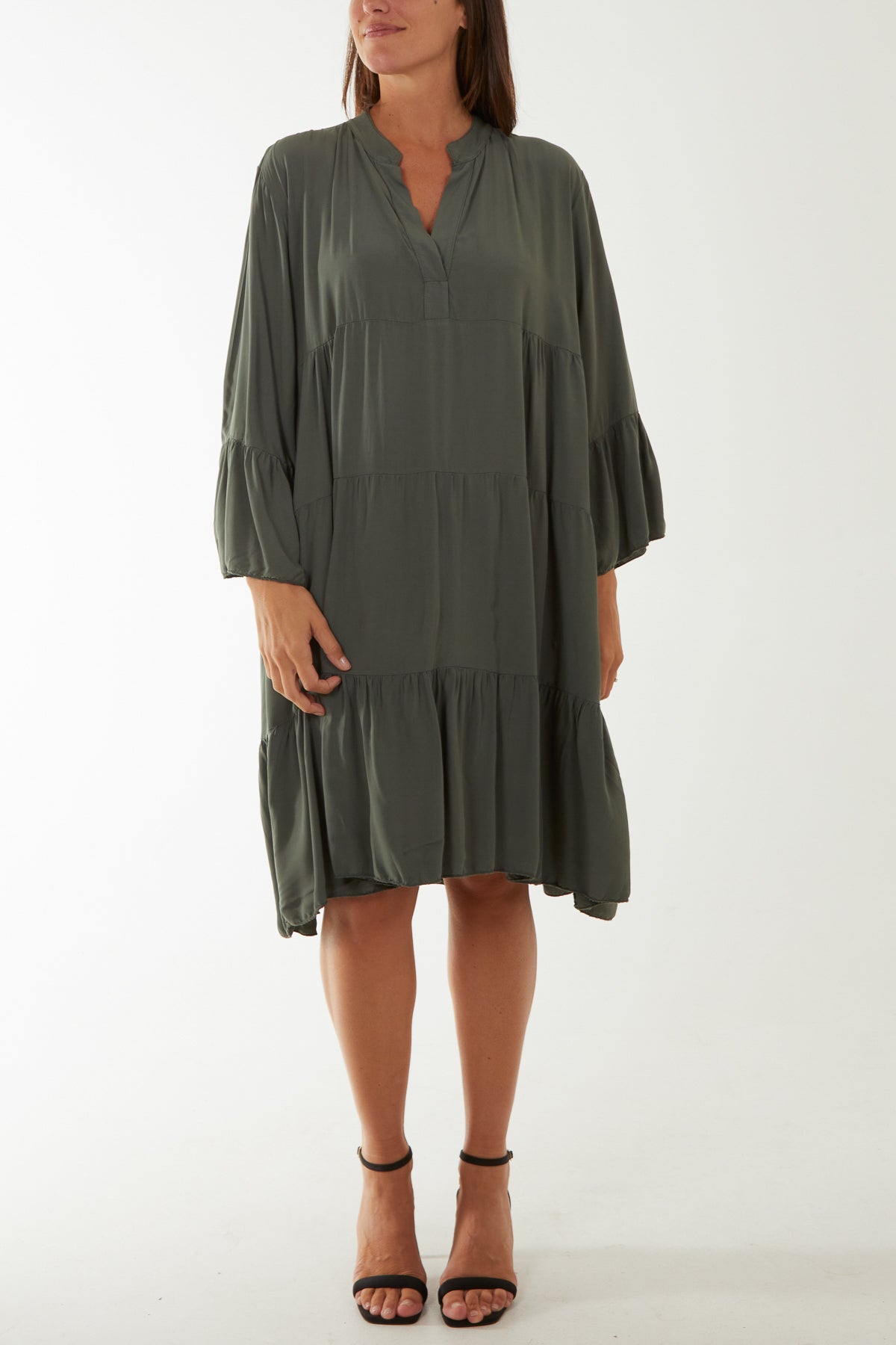 Open Collared Tiered Smock Dress