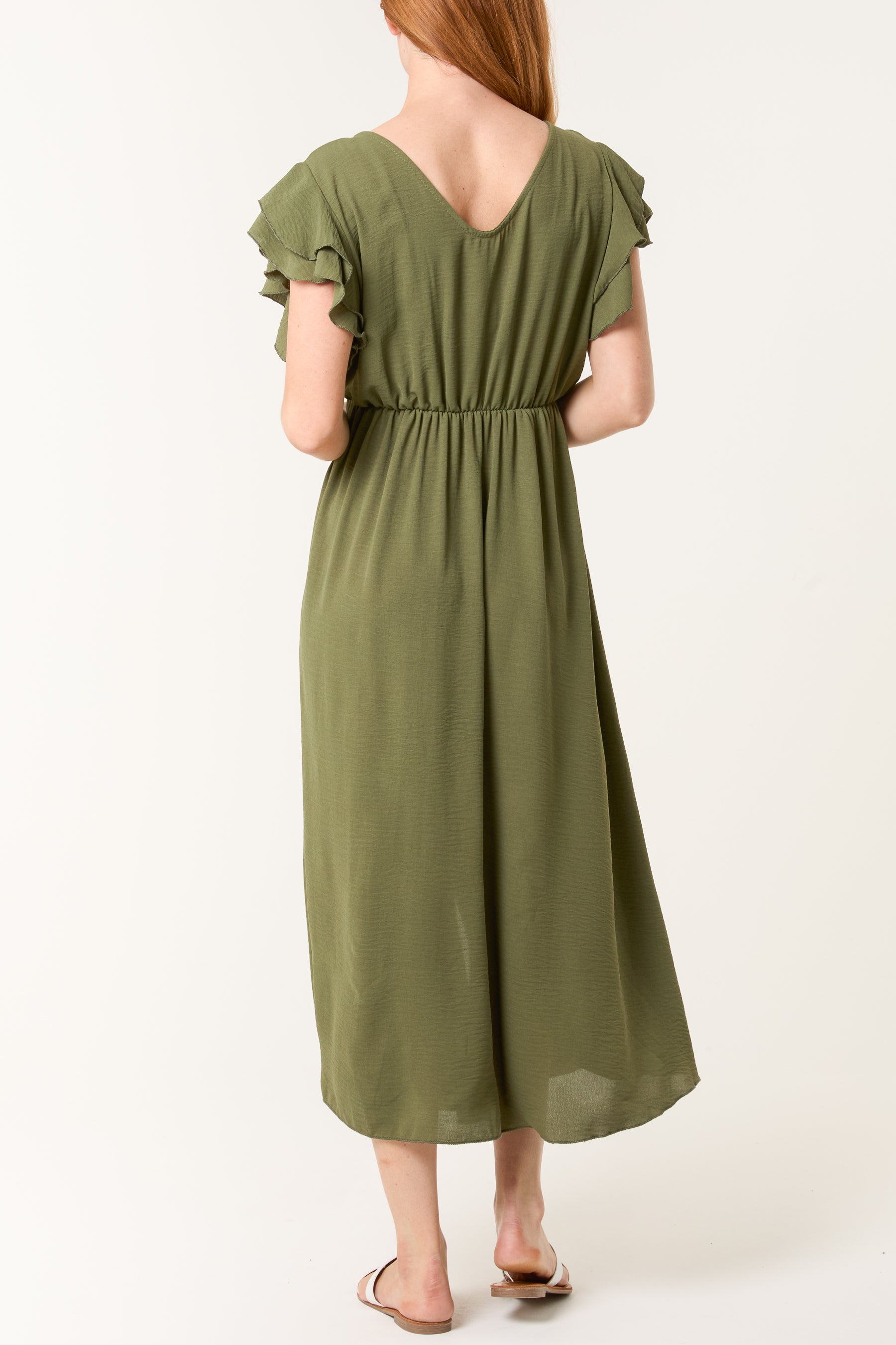 Flutter Sleeve Button Midi Dress