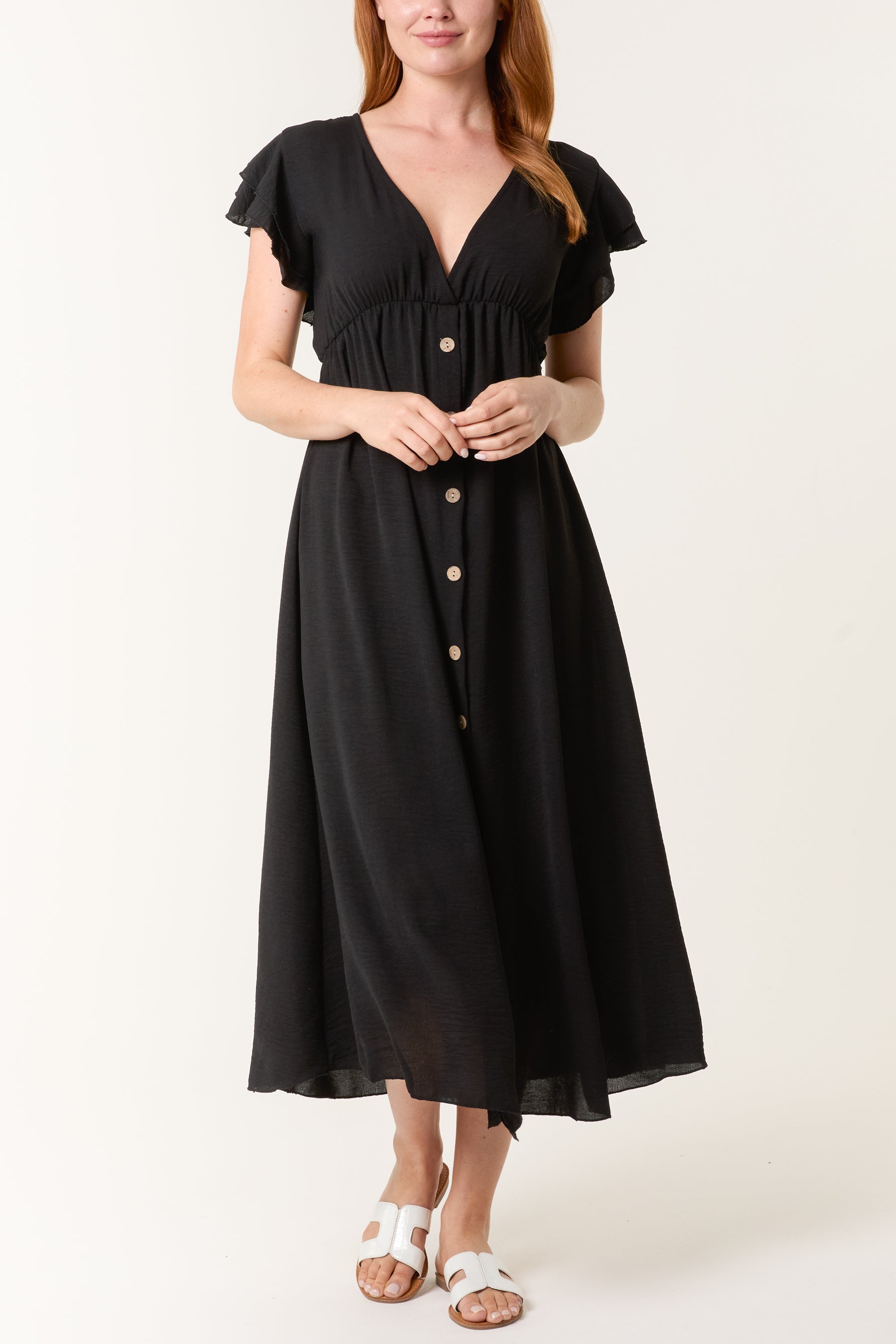 Flutter Sleeve Button Midi Dress