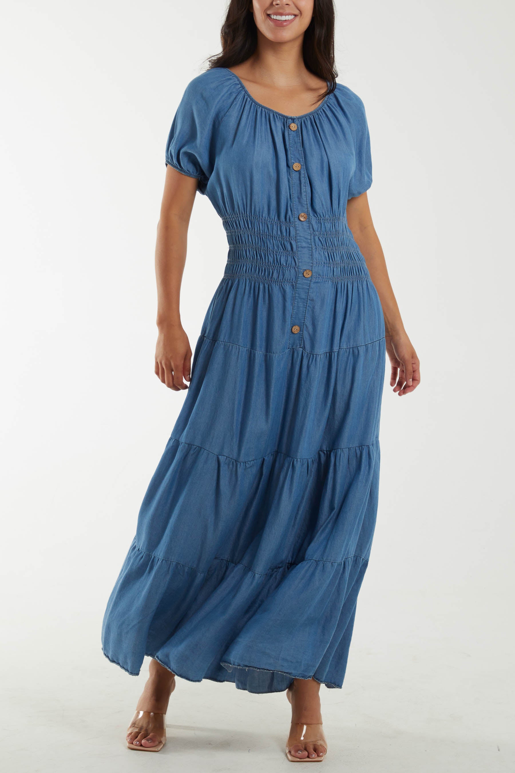 Scoop Neck Button Through Denim Maxi Dress