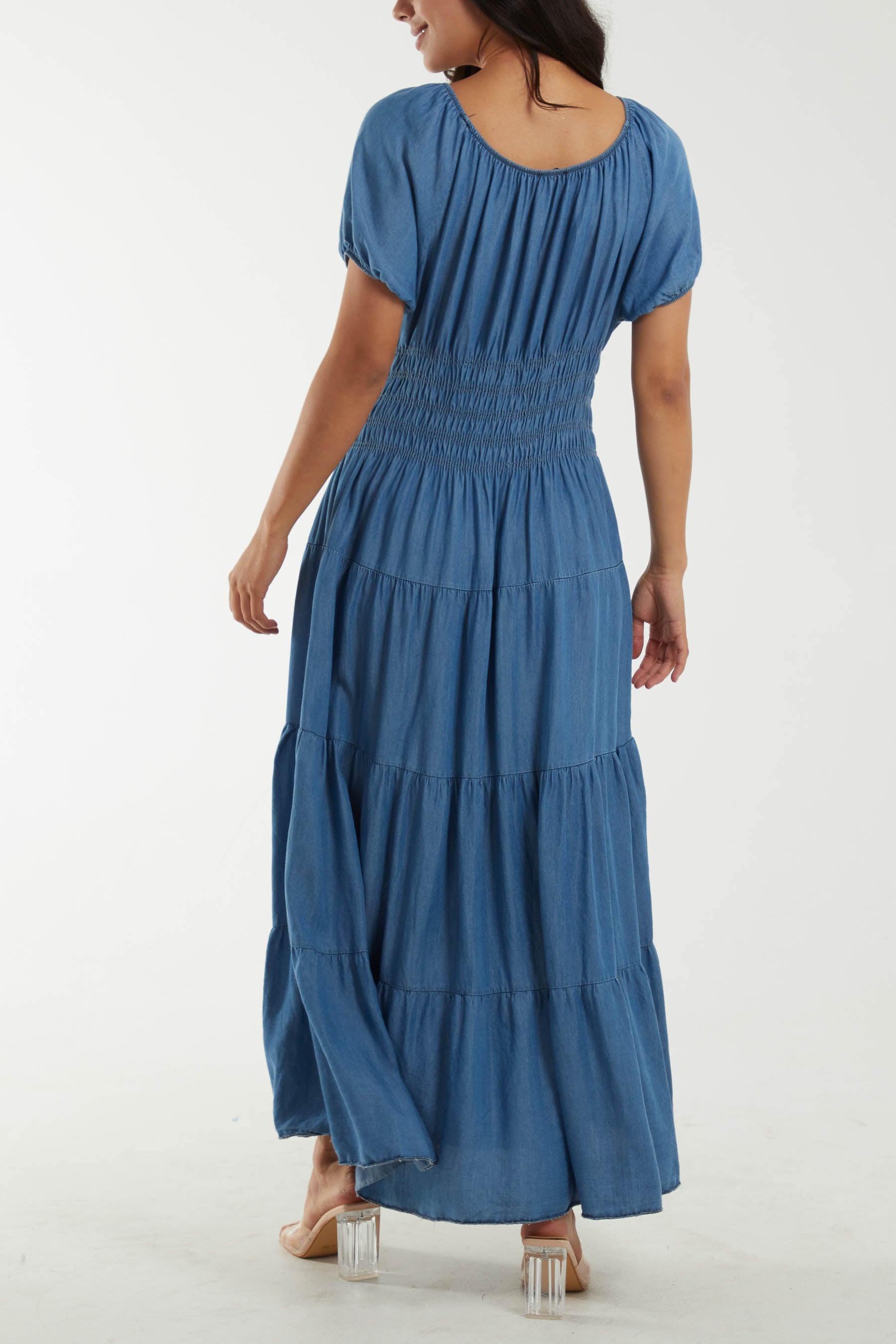 Scoop Neck Button Through Denim Maxi Dress