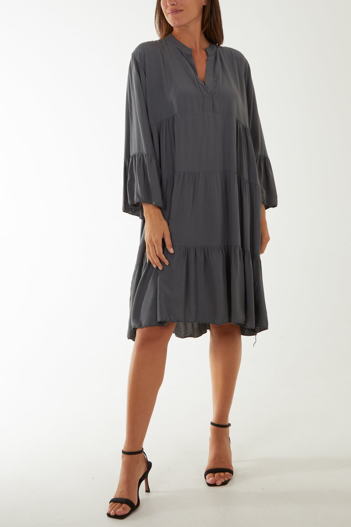 Open Collared Tiered Smock Dress