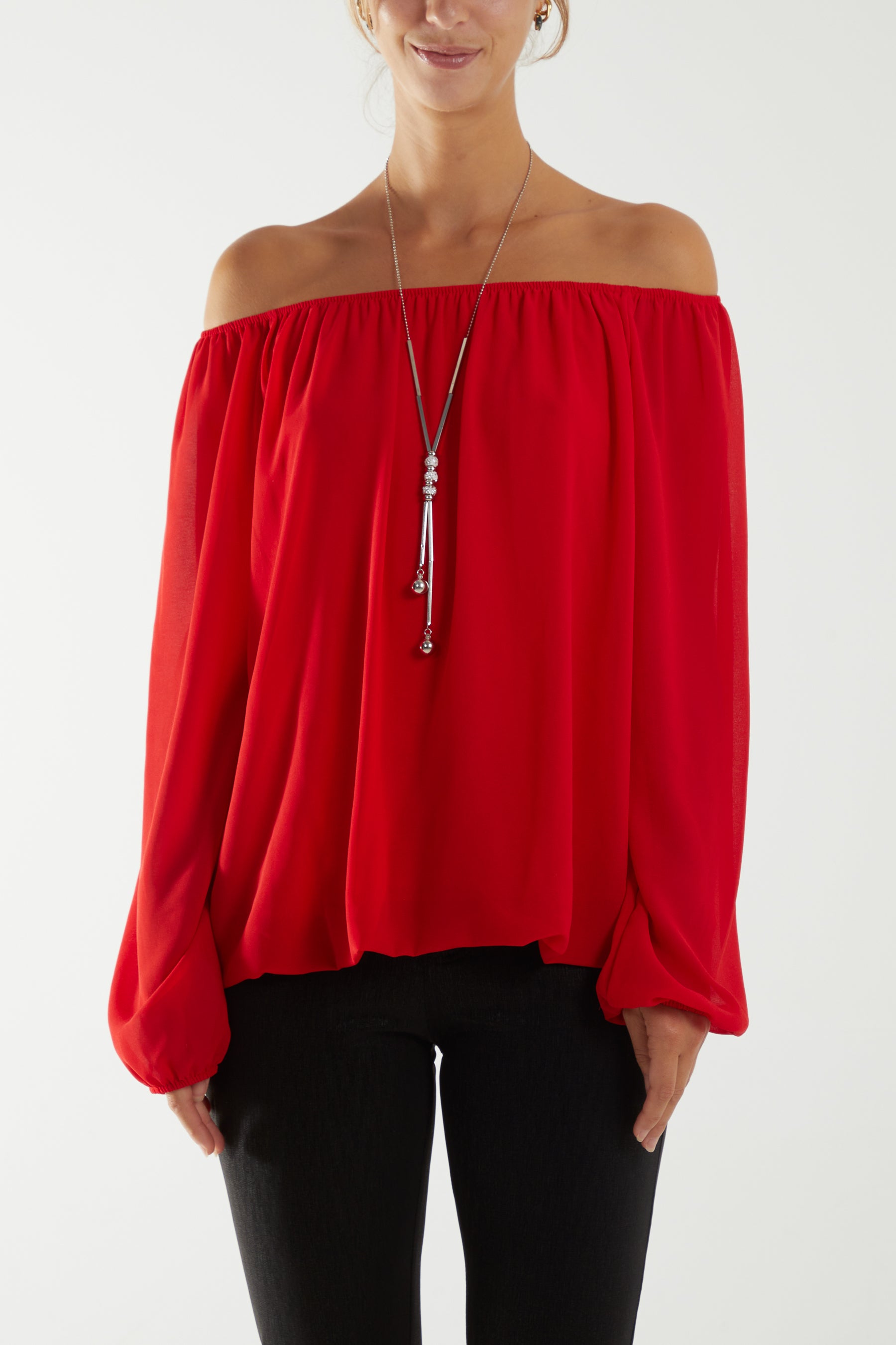 Off The Shoulder Puffball Necklace Top