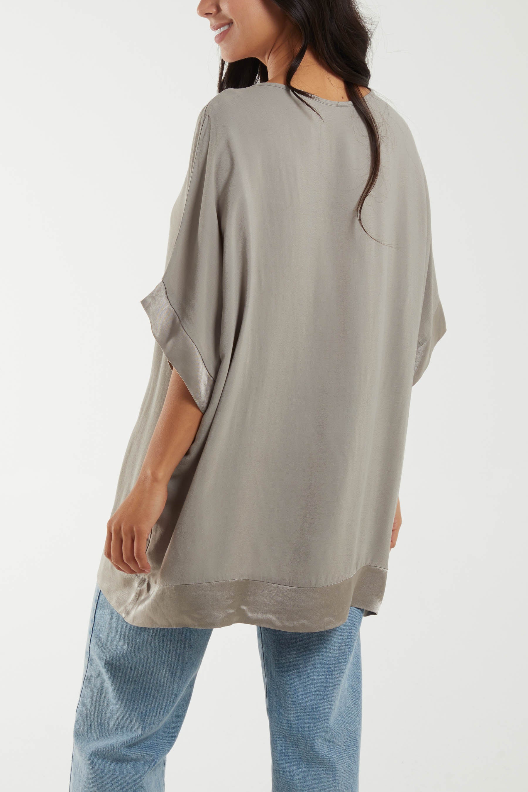 Satin Trim V-Neck Oversized Top