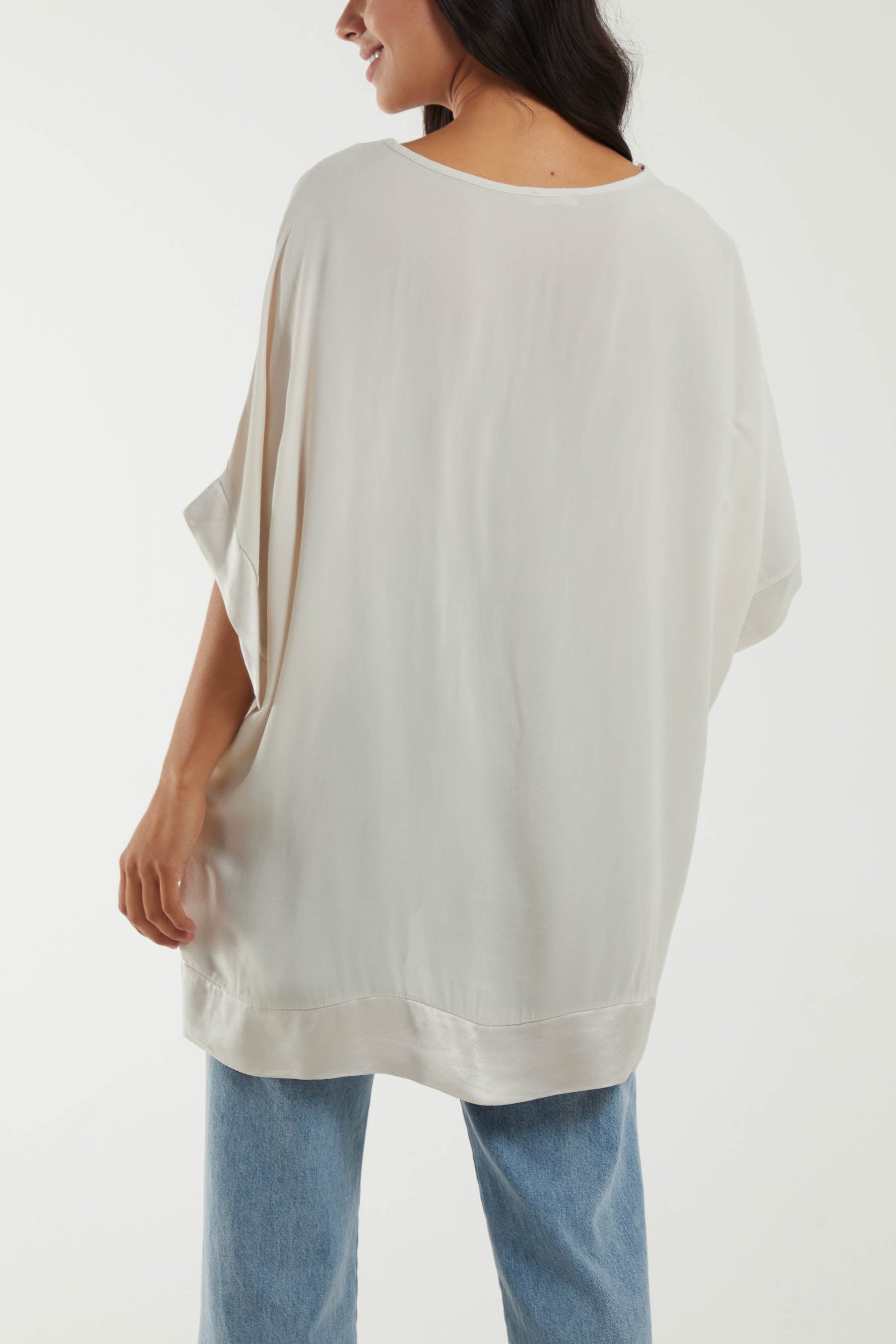 Satin Trim V-Neck Oversized Top
