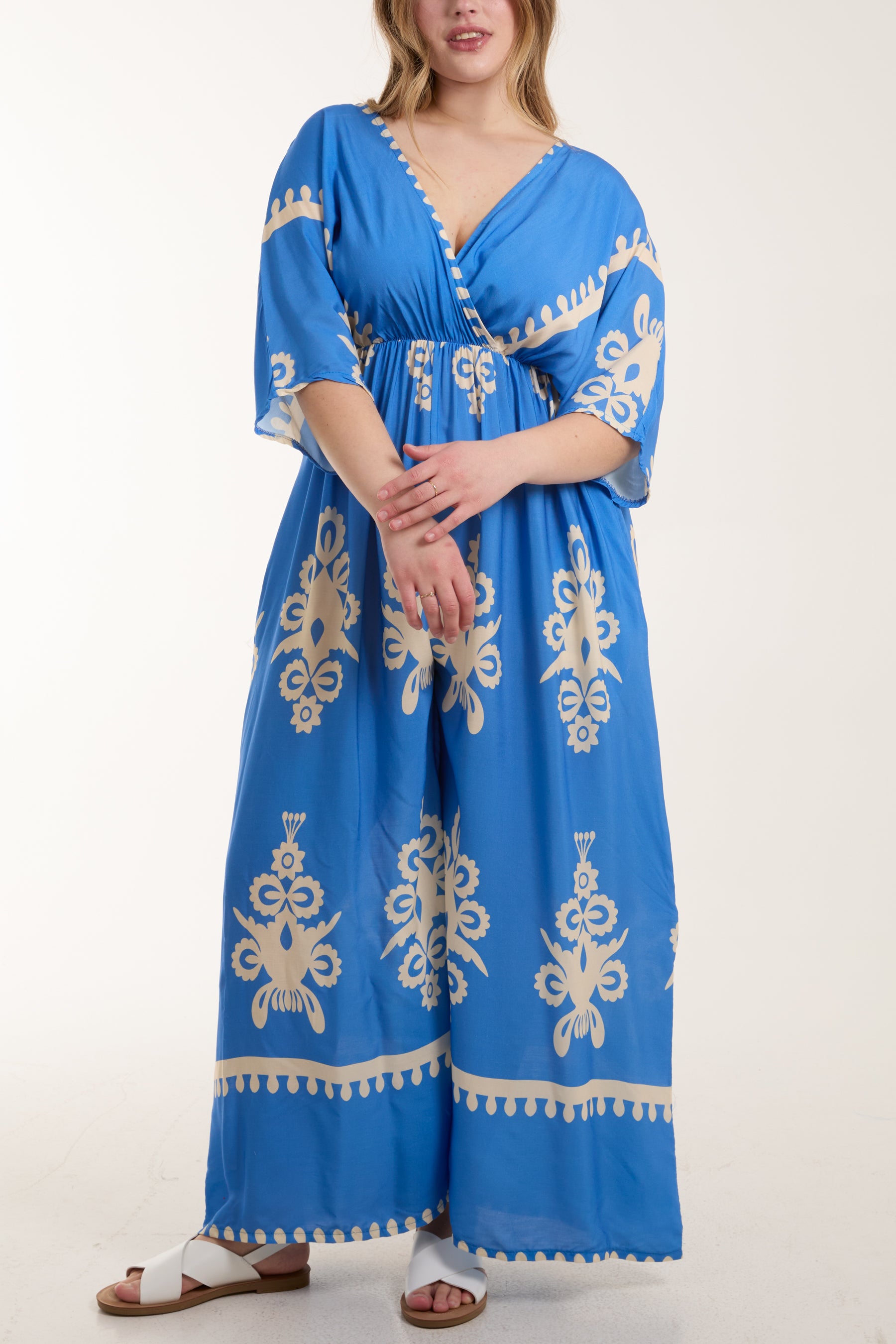 Printed V-Neck Wide Leg Jumpsuit