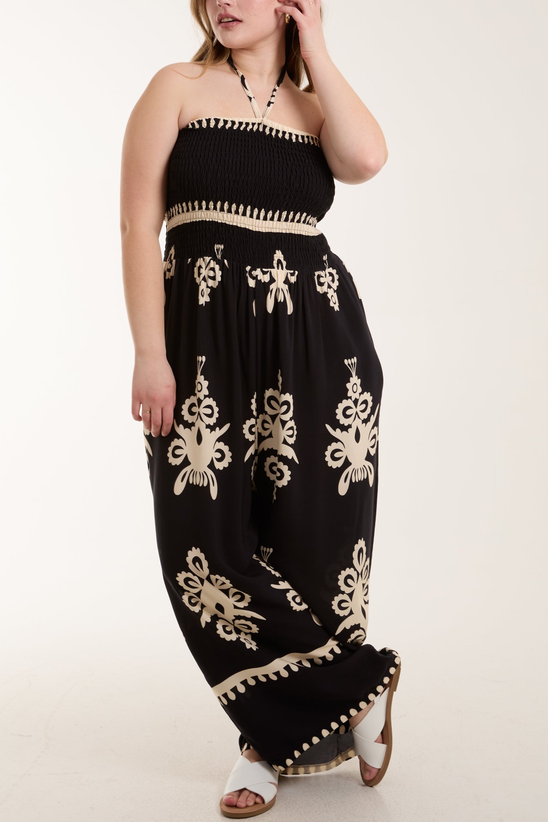 Shirred Bodice Bandeau Printed Jumpsuit