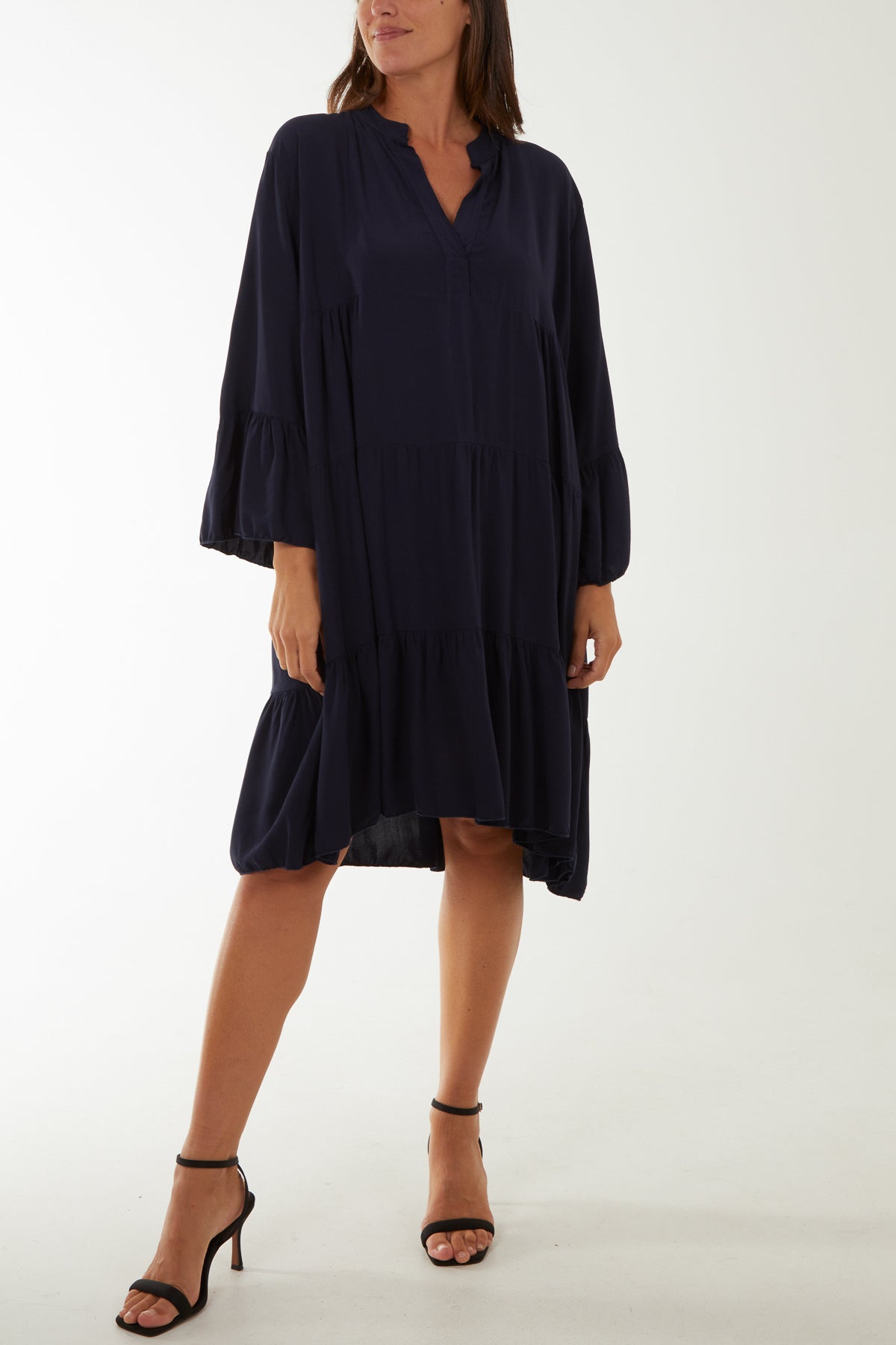 Open Collared Tiered Smock Dress