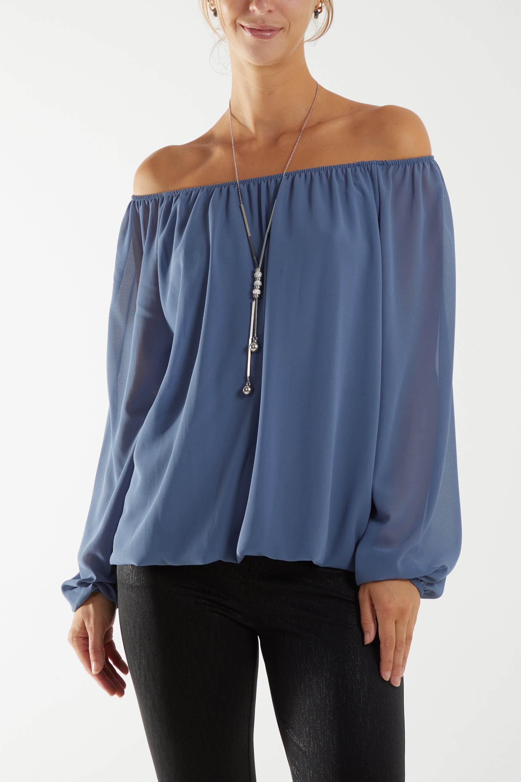 Off The Shoulder Puffball Necklace Top