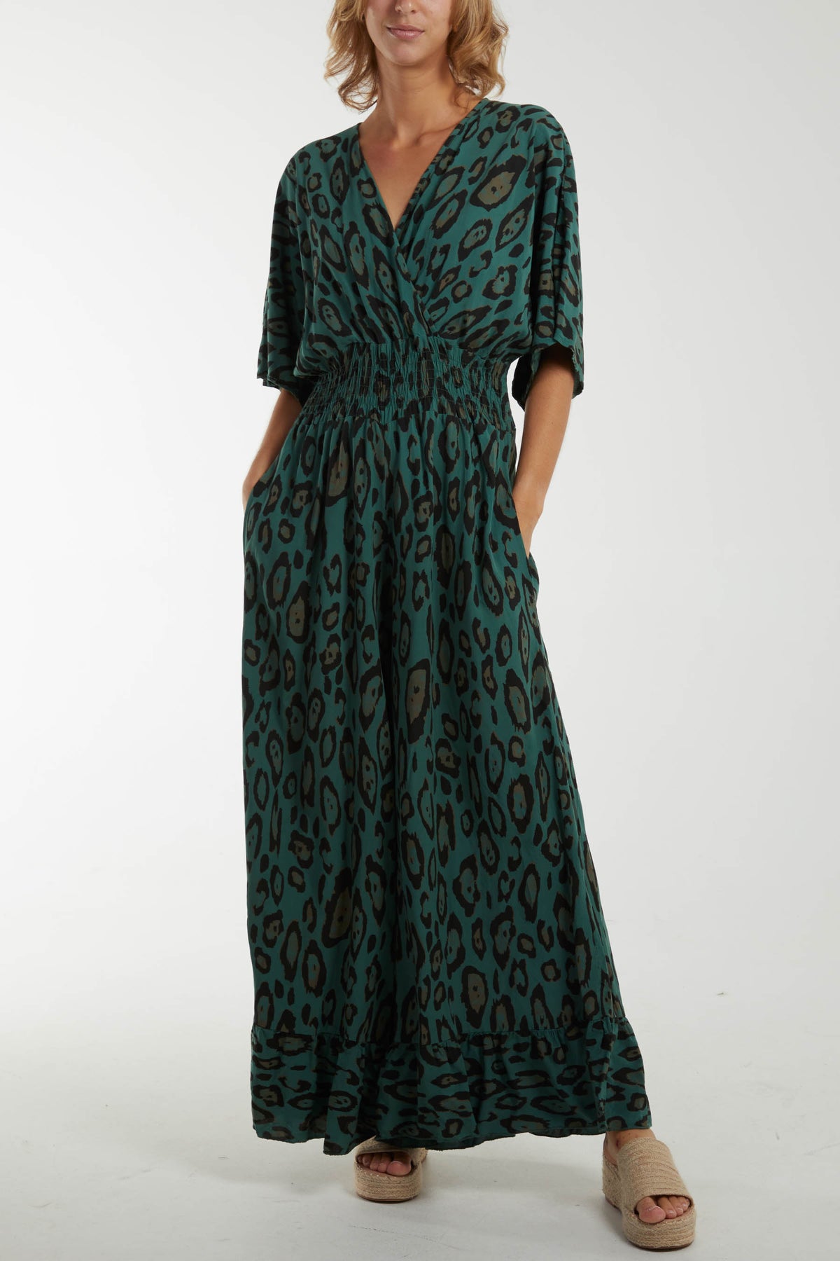 Leopard Wrap Front Shirred Bodice Jumpsuit
