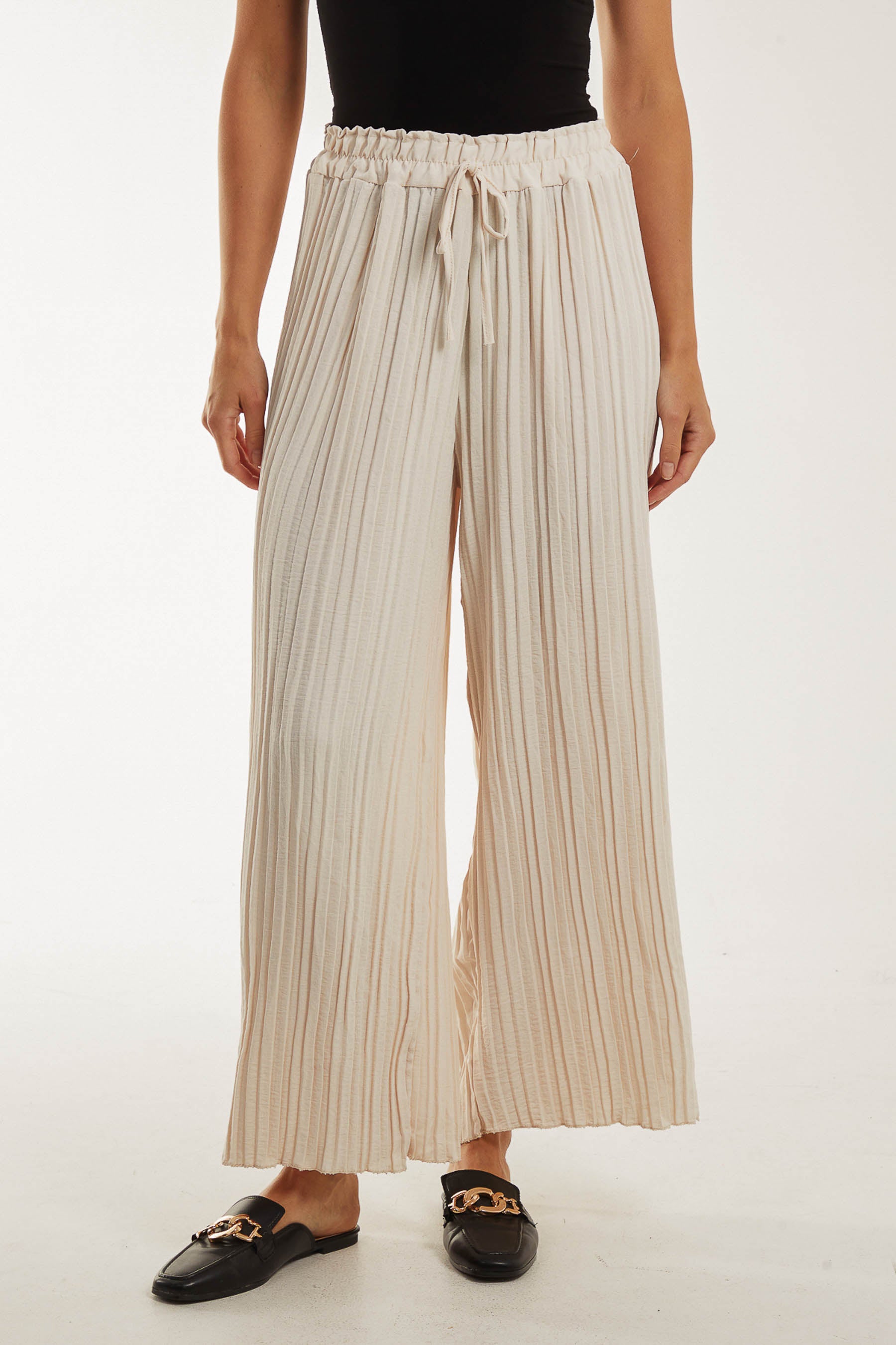 Wide Leg Plisse Drawstring Trousers