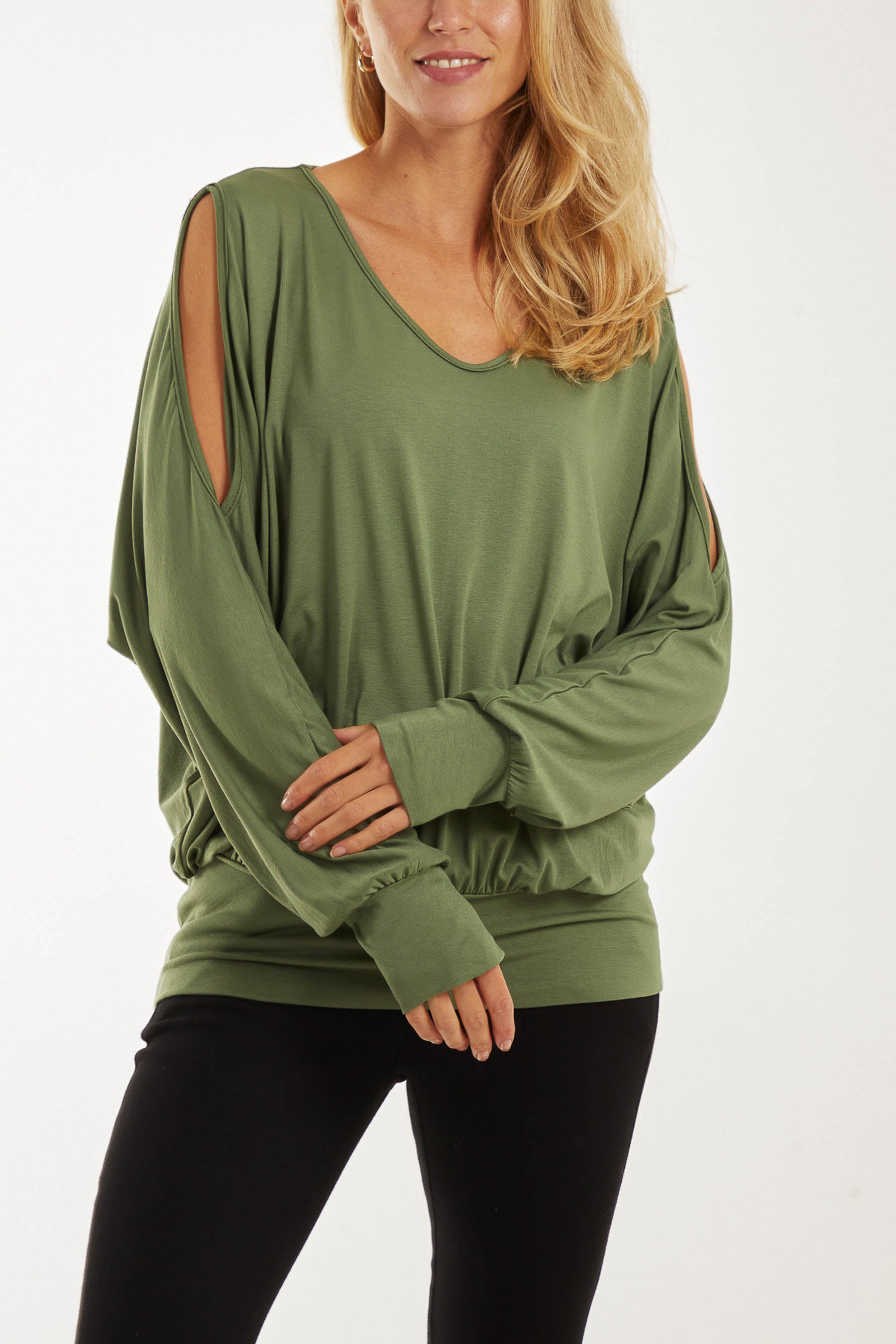 V-Neck Cold Shoulder Waist Band Top