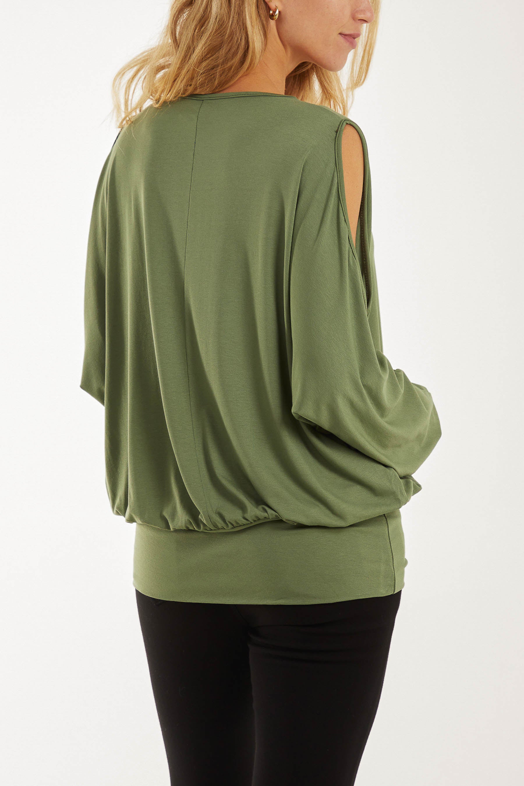 V-Neck Cold Shoulder Waist Band Top