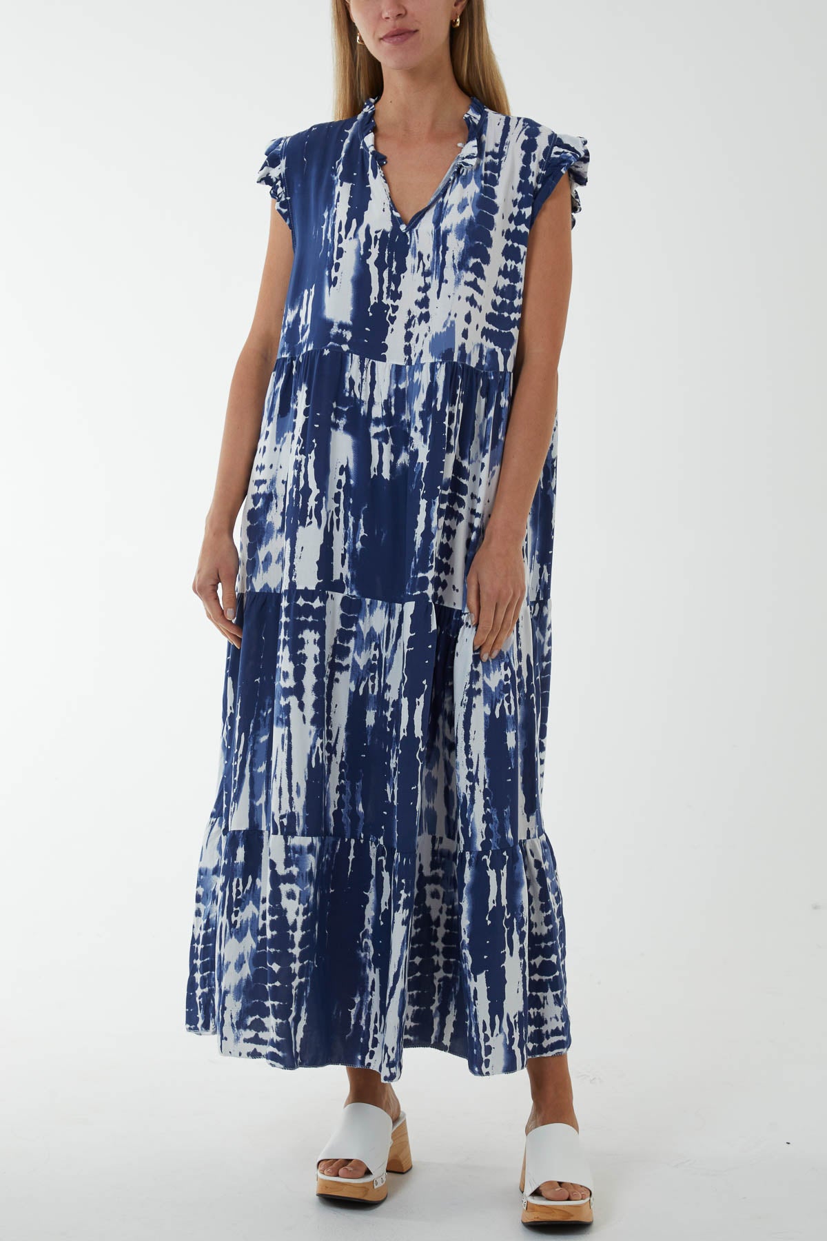 Abstract Frill Sleeve Tiered Dress