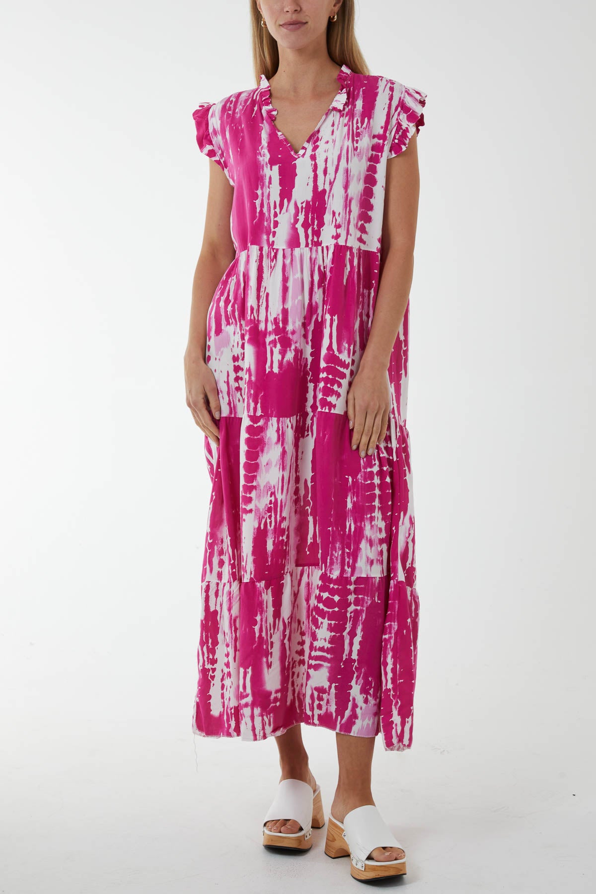 Abstract Frill Sleeve Tiered Dress