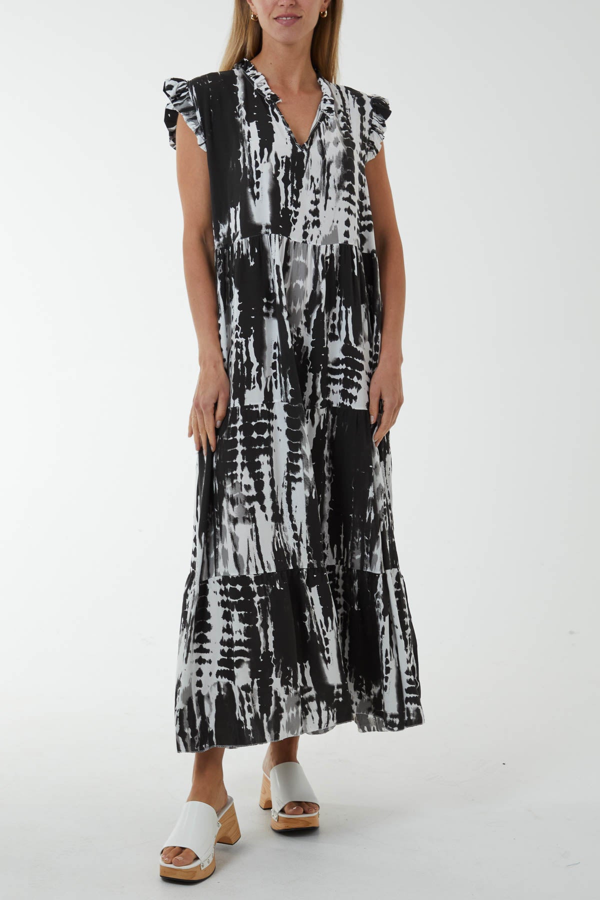 Abstract Frill Sleeve Tiered Dress