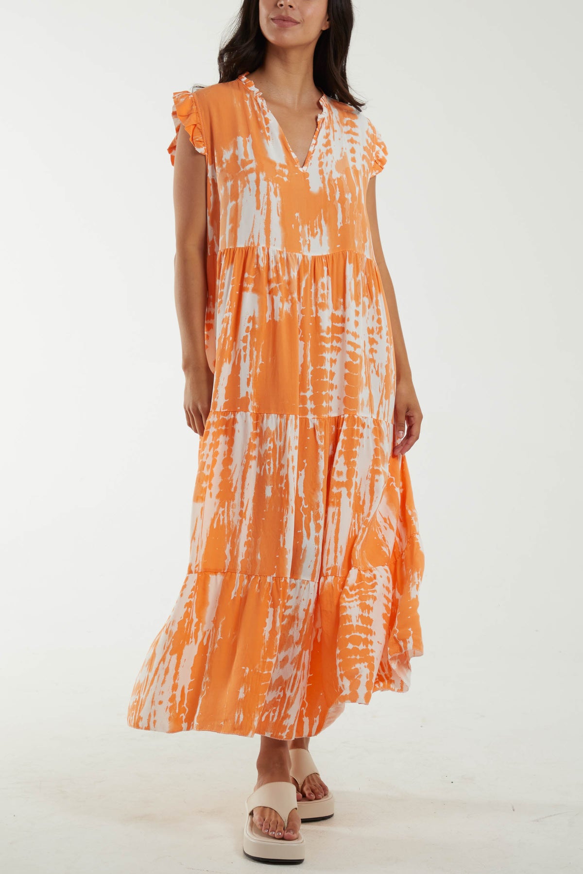 Abstract Frill Sleeve Tiered Dress