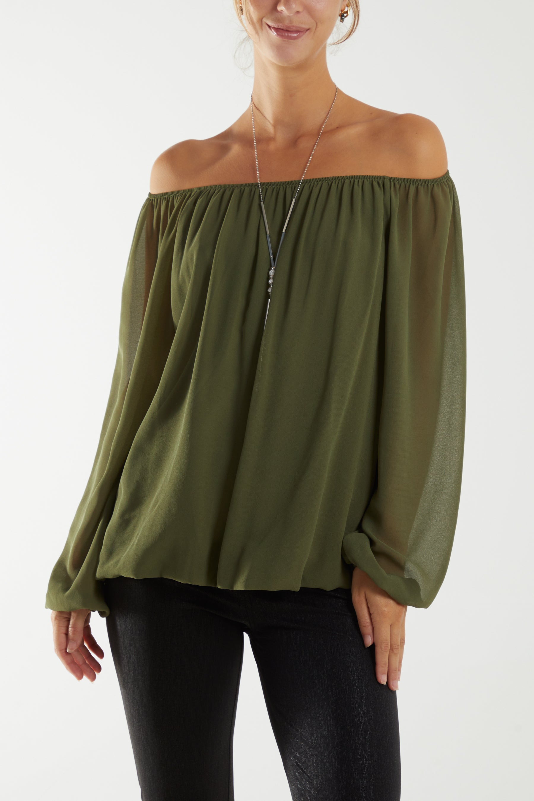 Off The Shoulder Puffball Necklace Top