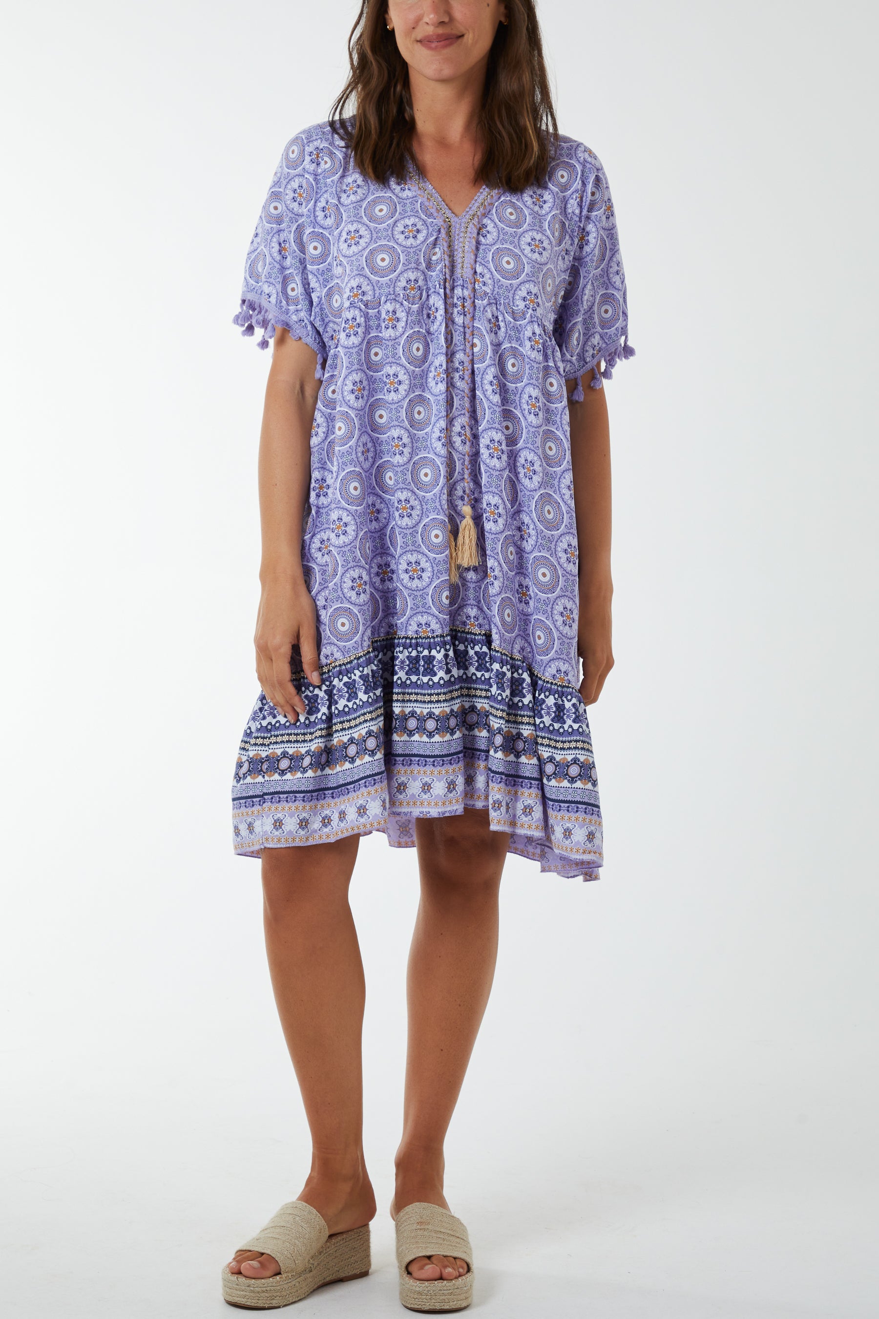 Geometric Print Dress with Tassels