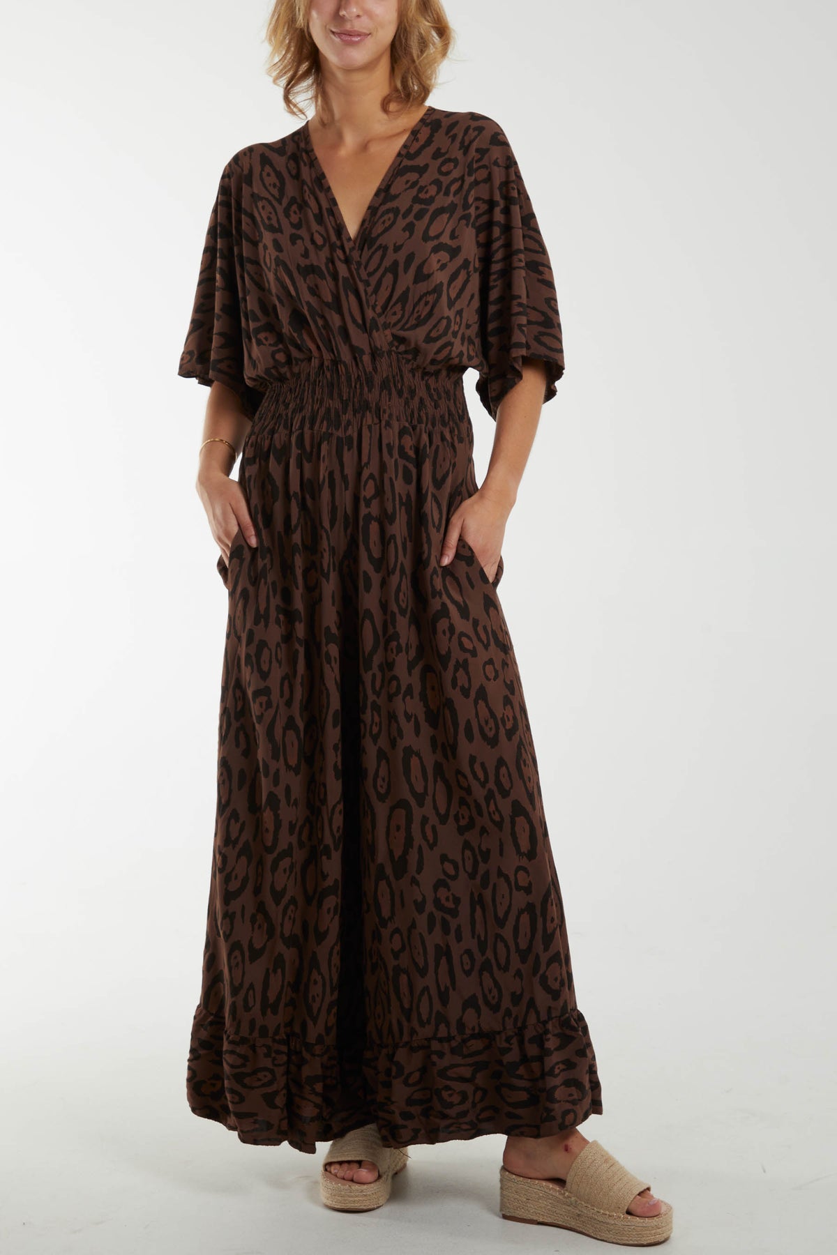 Leopard Wrap Front Shirred Bodice Jumpsuit