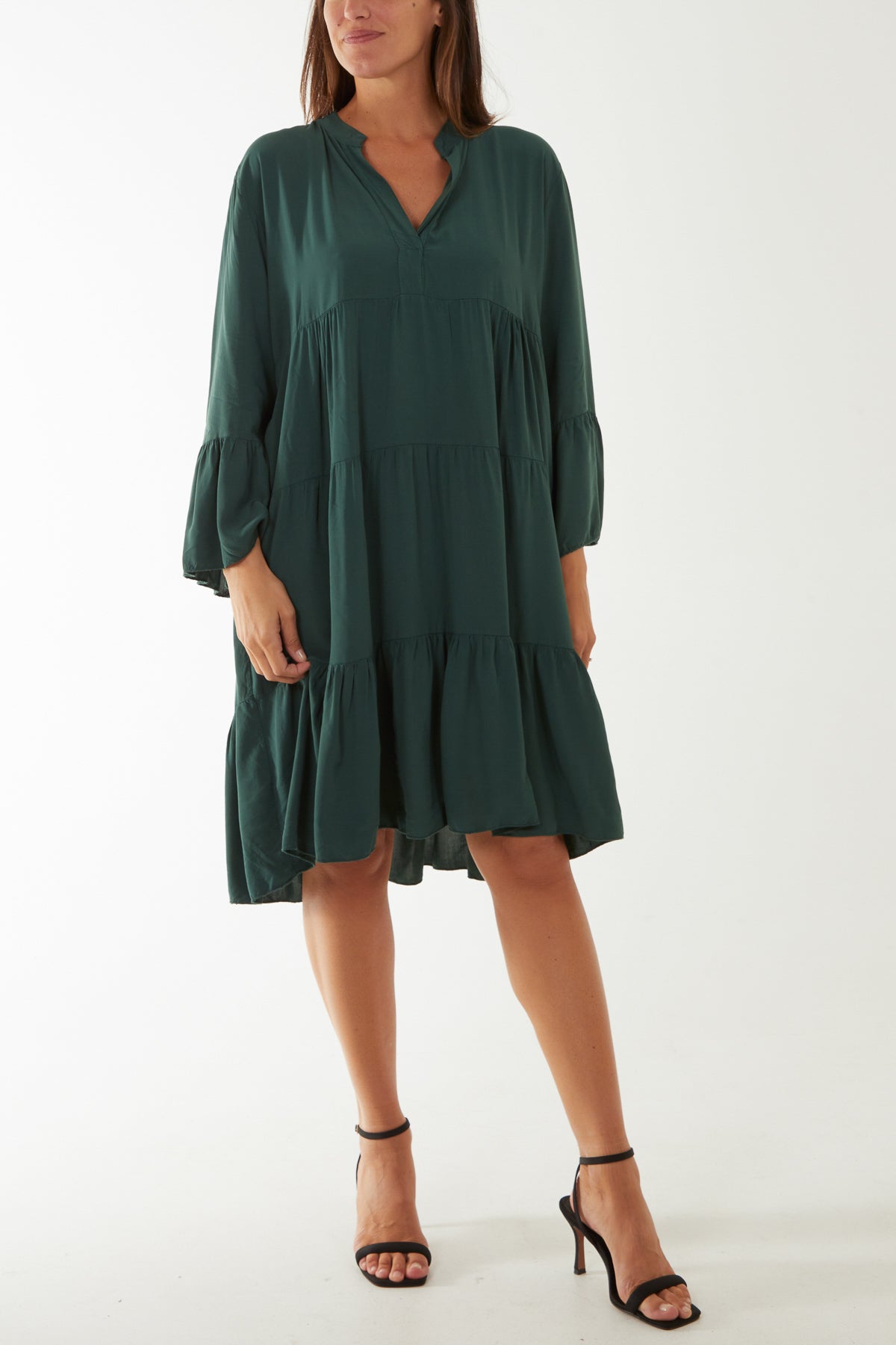 Open Collared Tiered Smock Dress