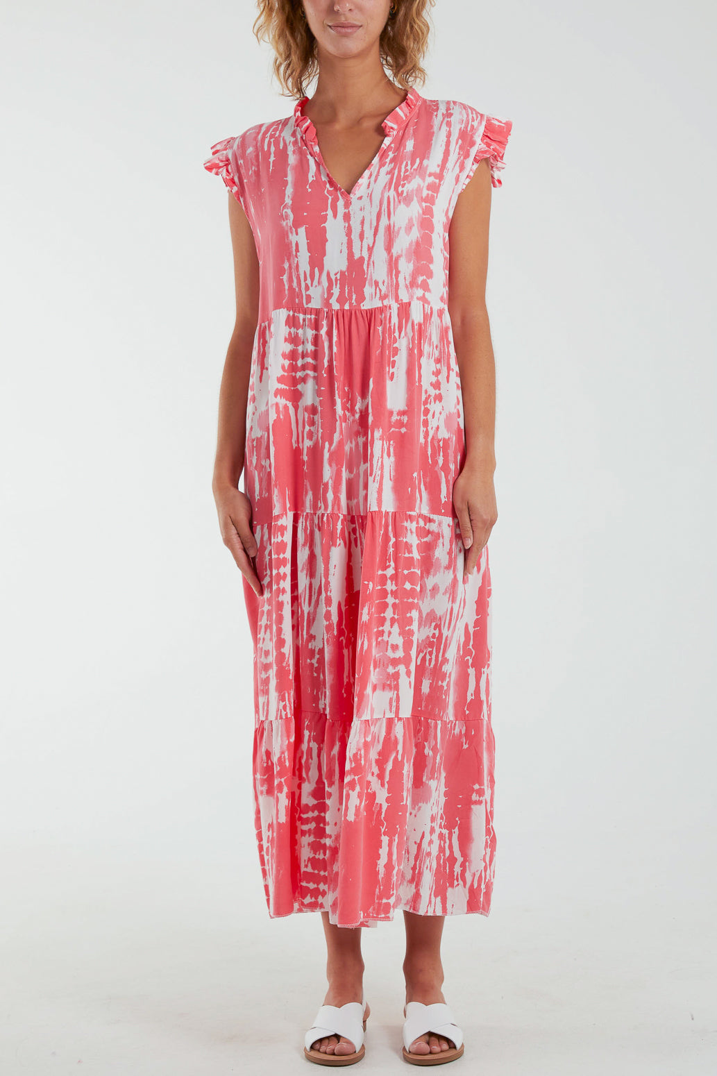 Abstract Frill Sleeve Tiered Dress