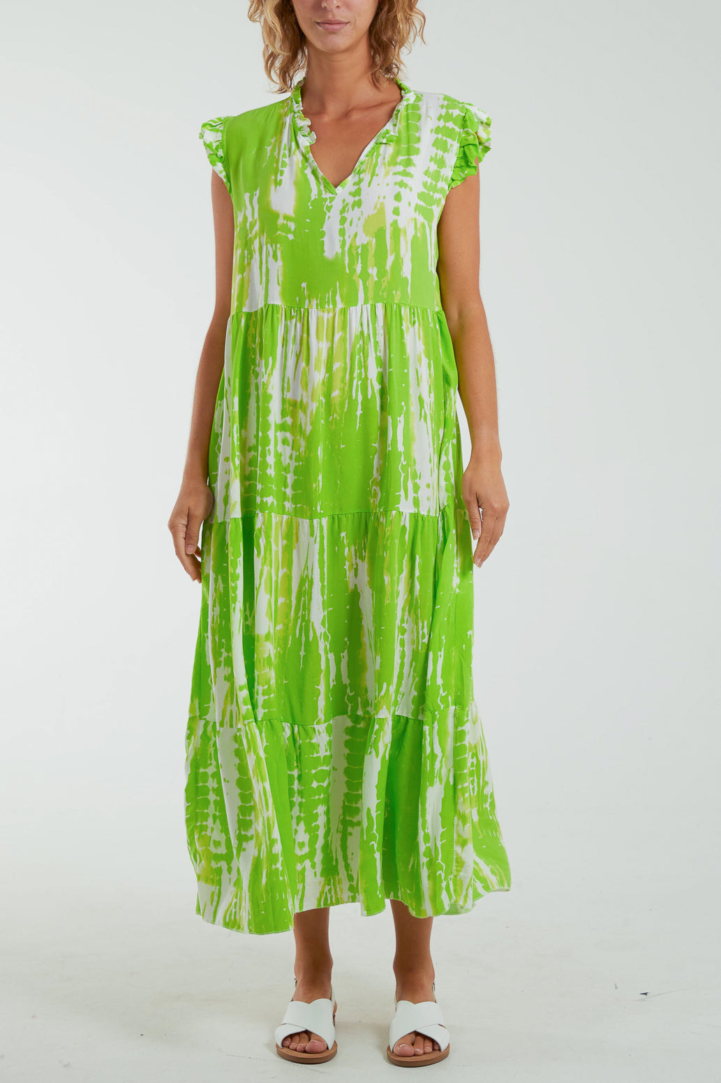 Abstract Frill Sleeve Tiered Dress