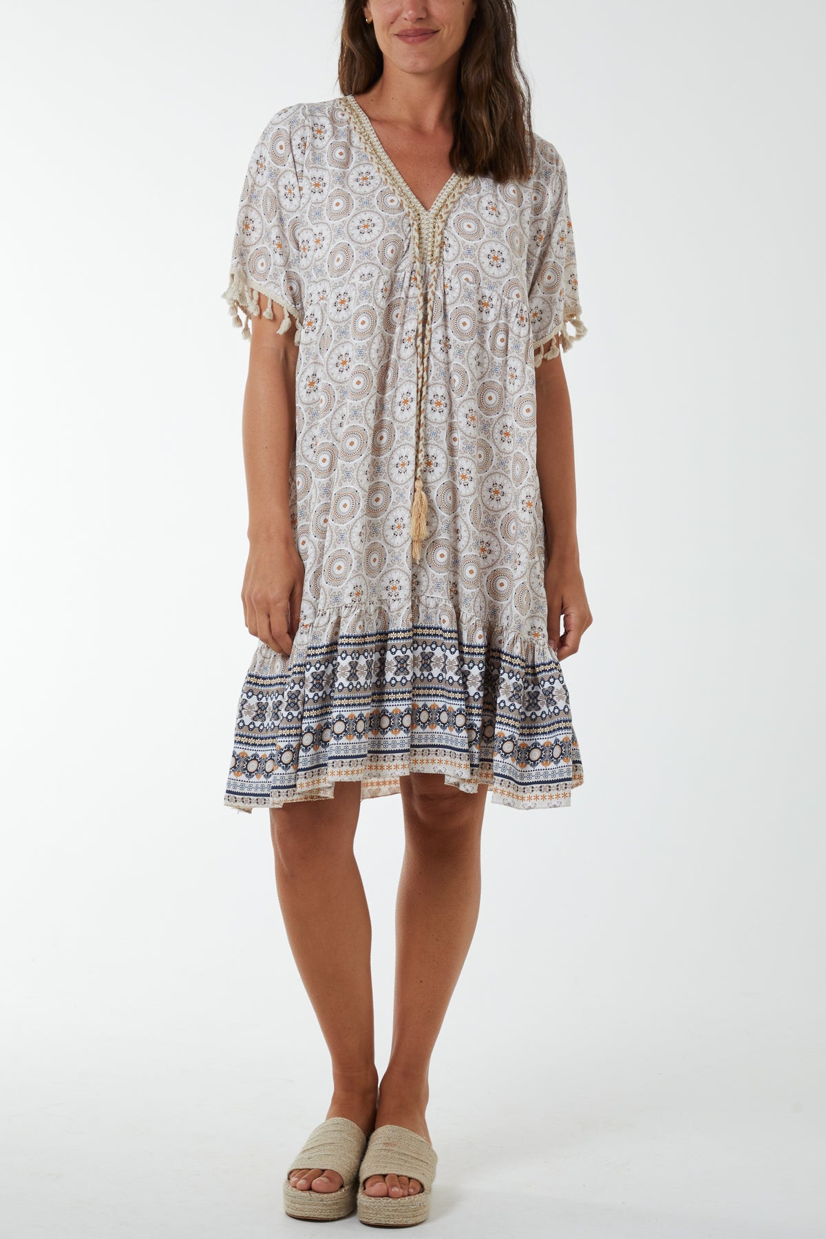 Geometric Print Dress with Tassels