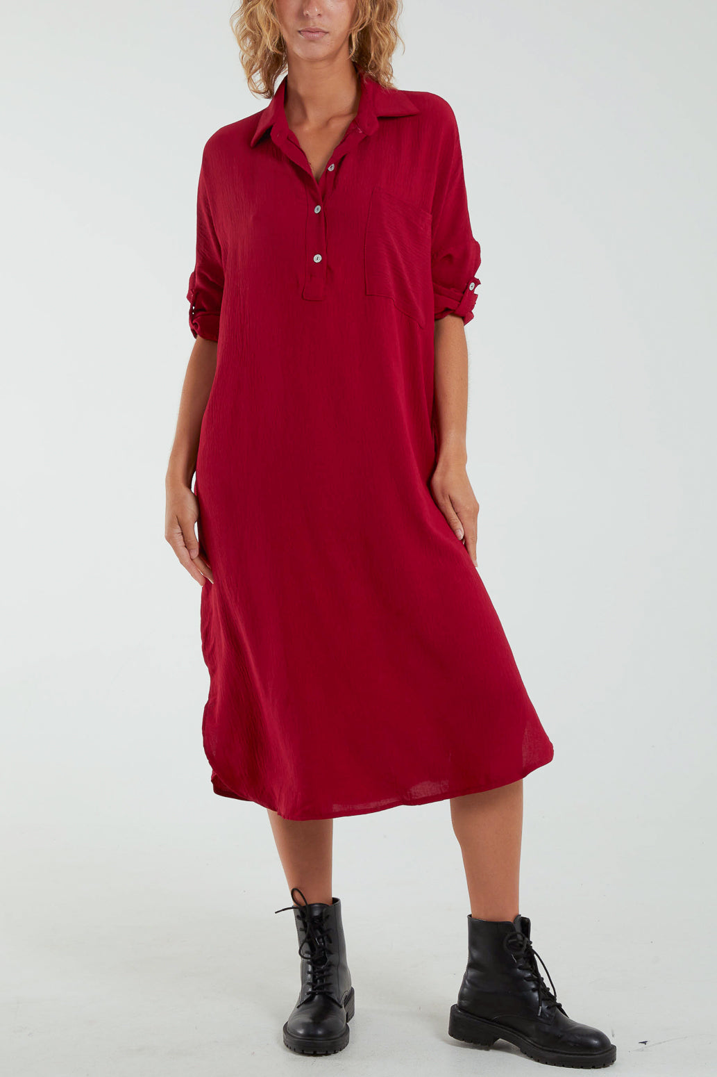 Tied Up Sleeve Pocket Midi Shirt Dress