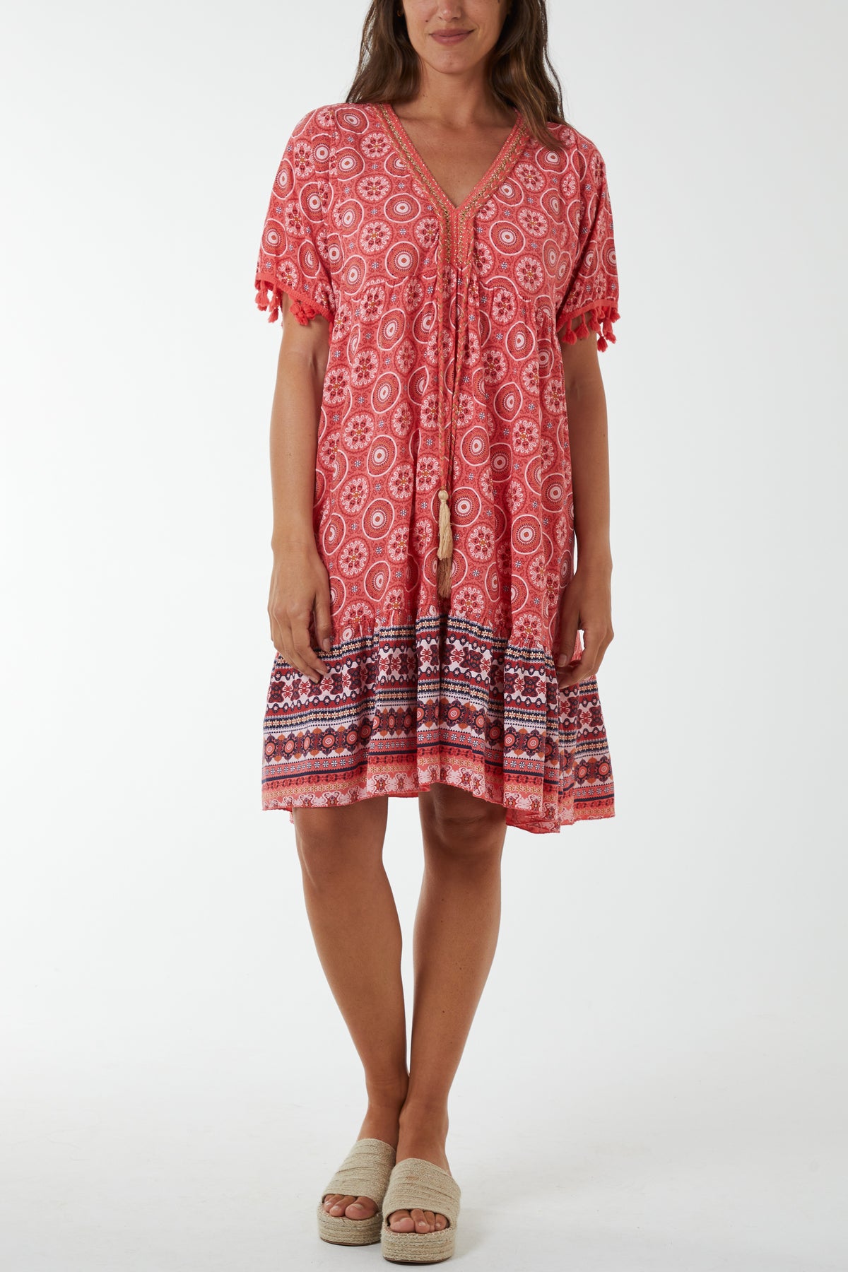 Geometric Print Dress with Tassels