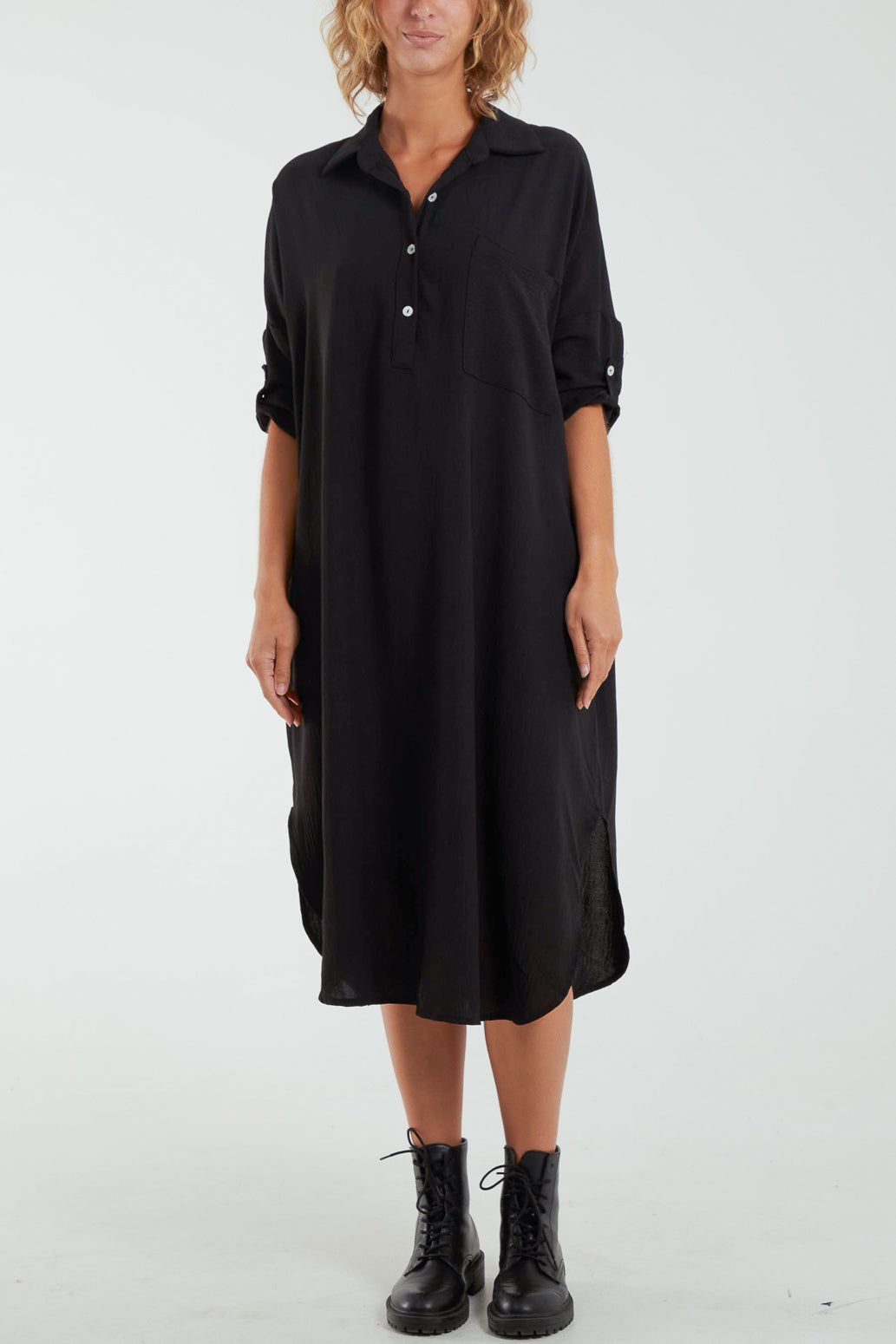 Tied Up Sleeve Pocket Midi Shirt Dress