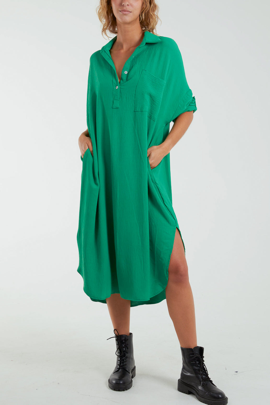 Tied Up Sleeve Pocket Midi Shirt Dress