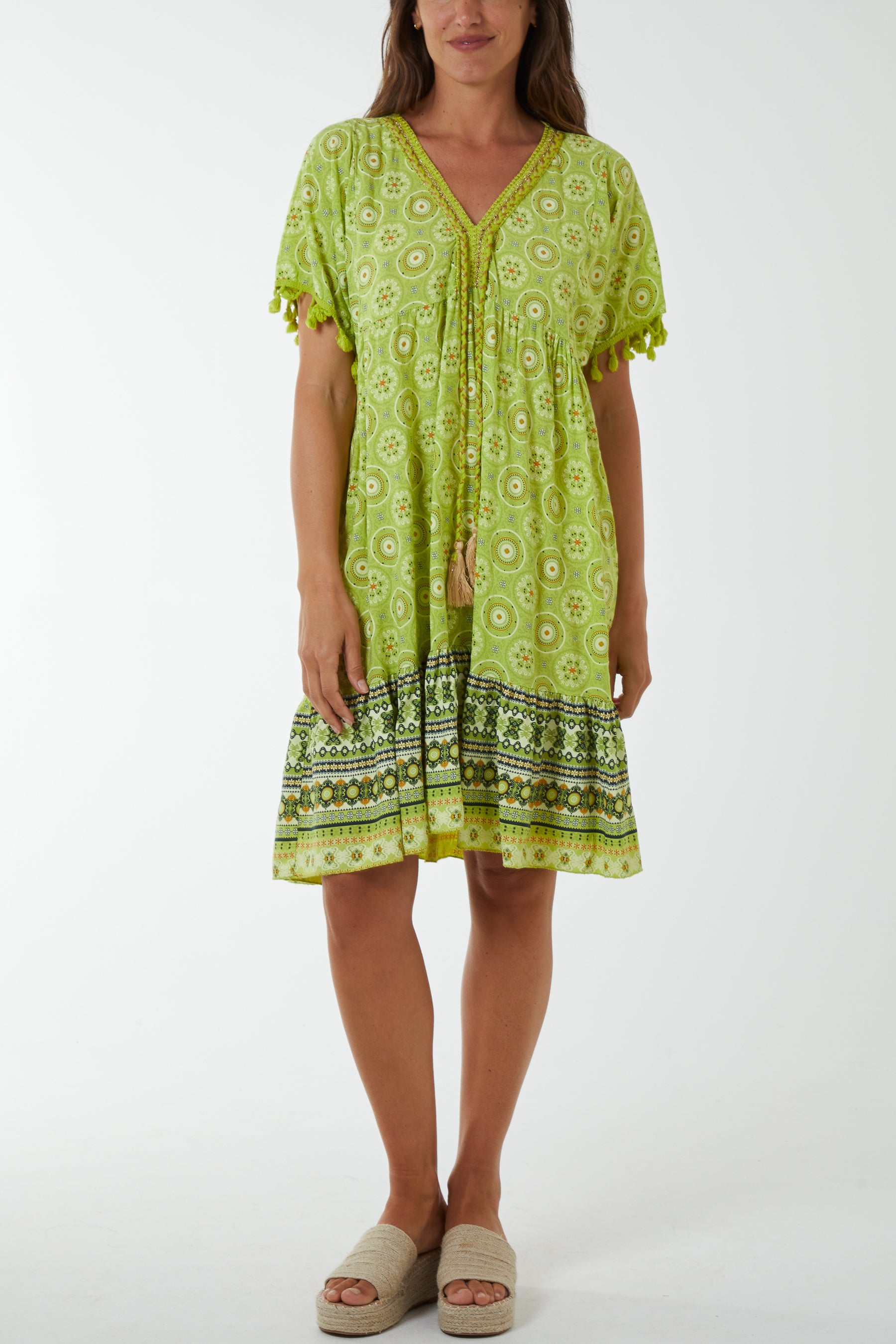 Geometric Print Dress with Tassels