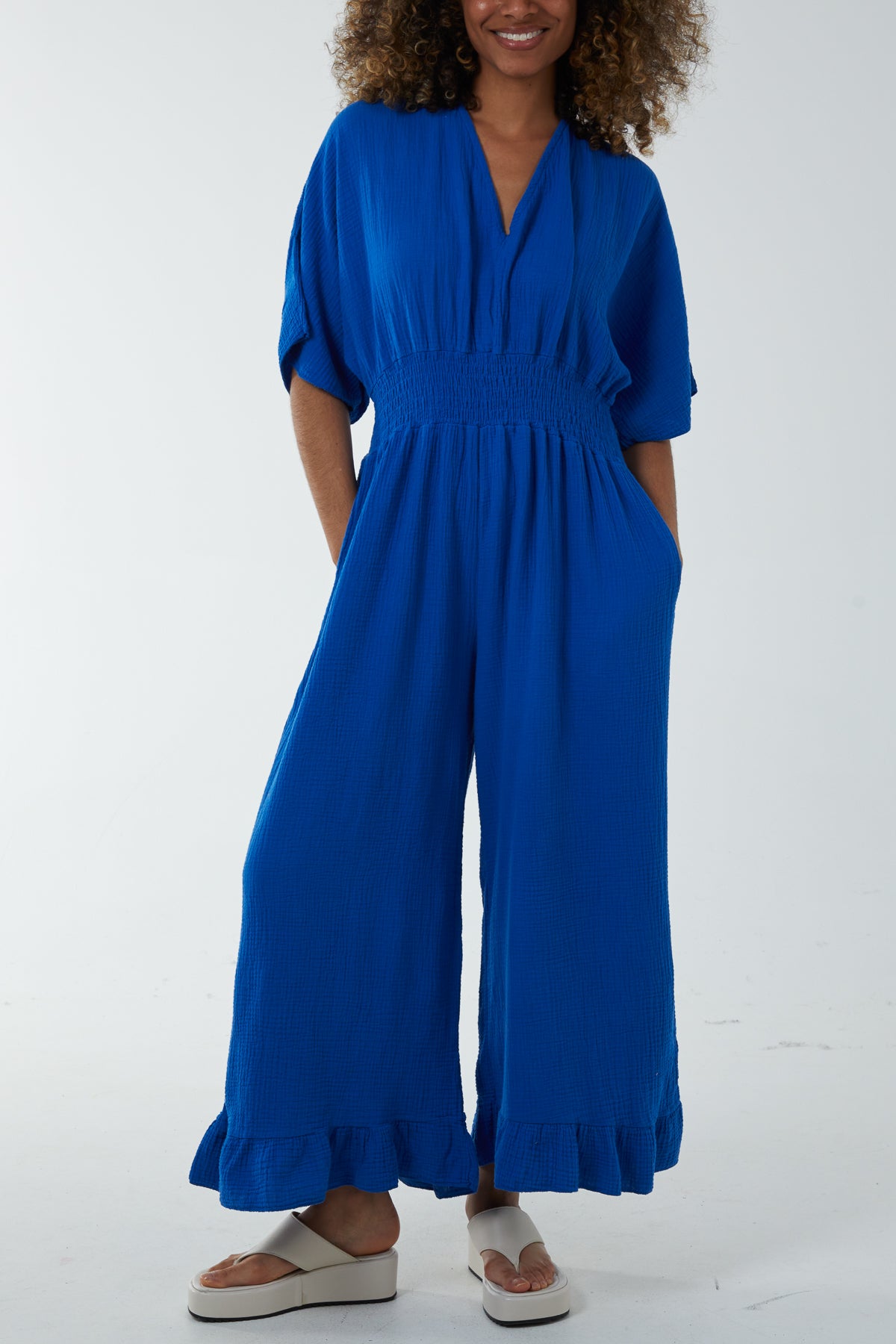 Double V-Neck Frilled Jumpsuit