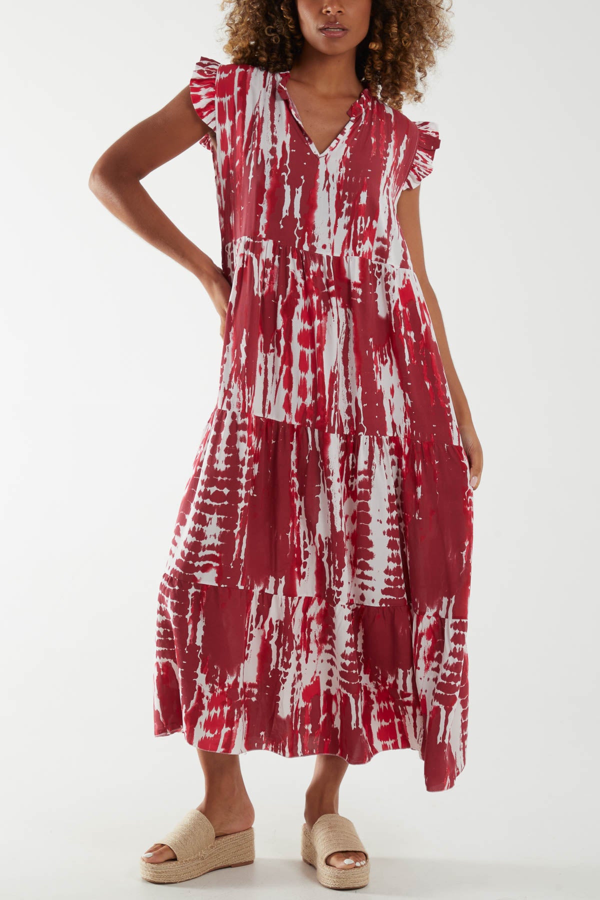 Abstract Frill Sleeve Tiered Dress