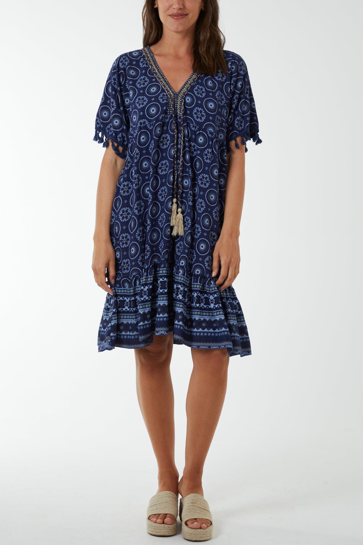 Geometric Print Dress with Tassels