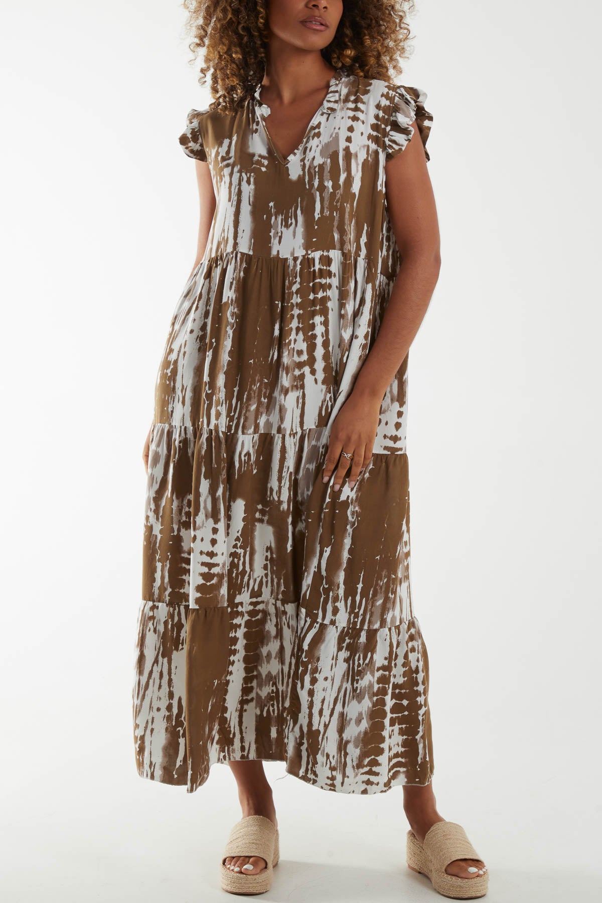 Abstract Frill Sleeve Tiered Dress