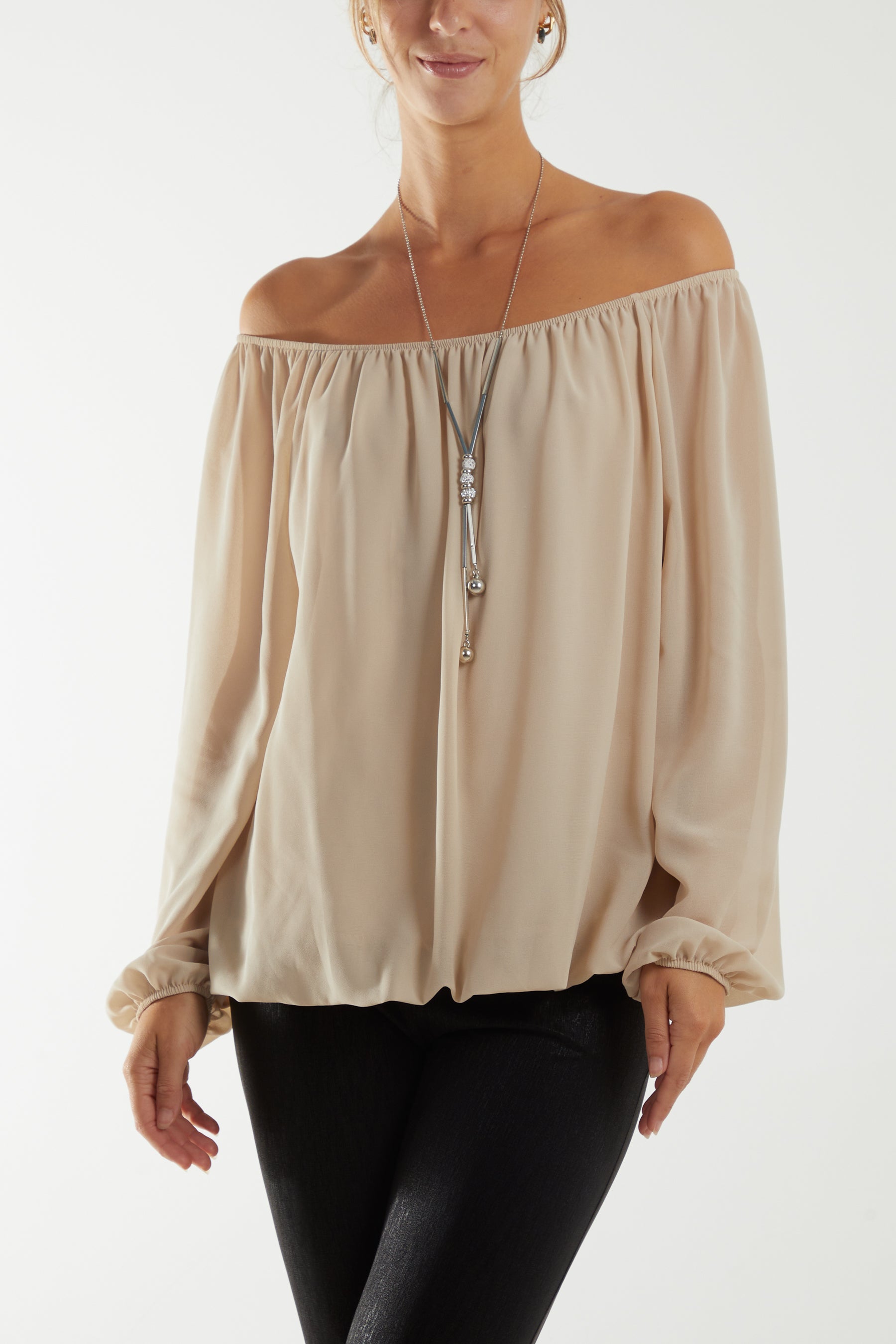 Off The Shoulder Puffball Necklace Top