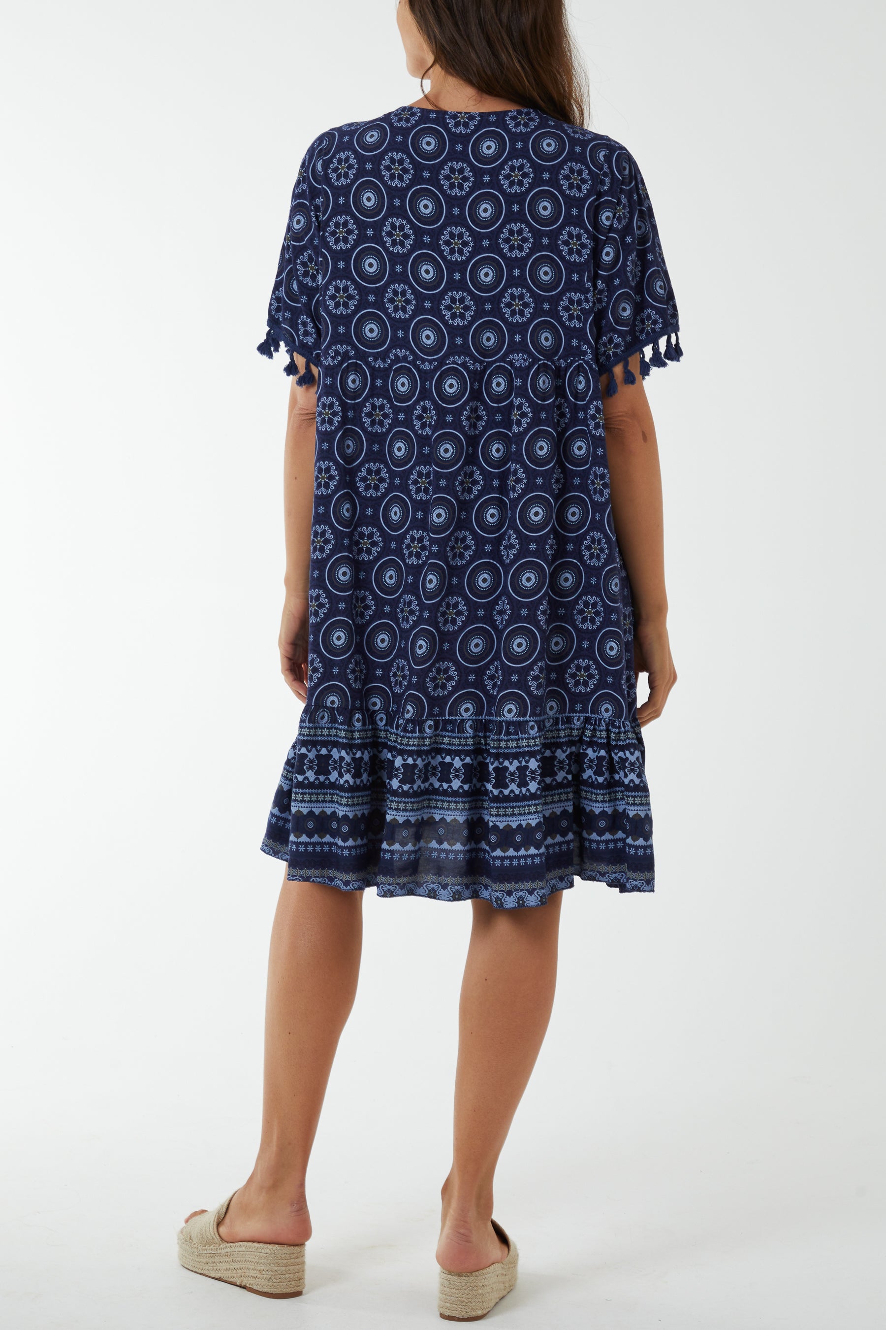 Geometric Print Dress with Tassels