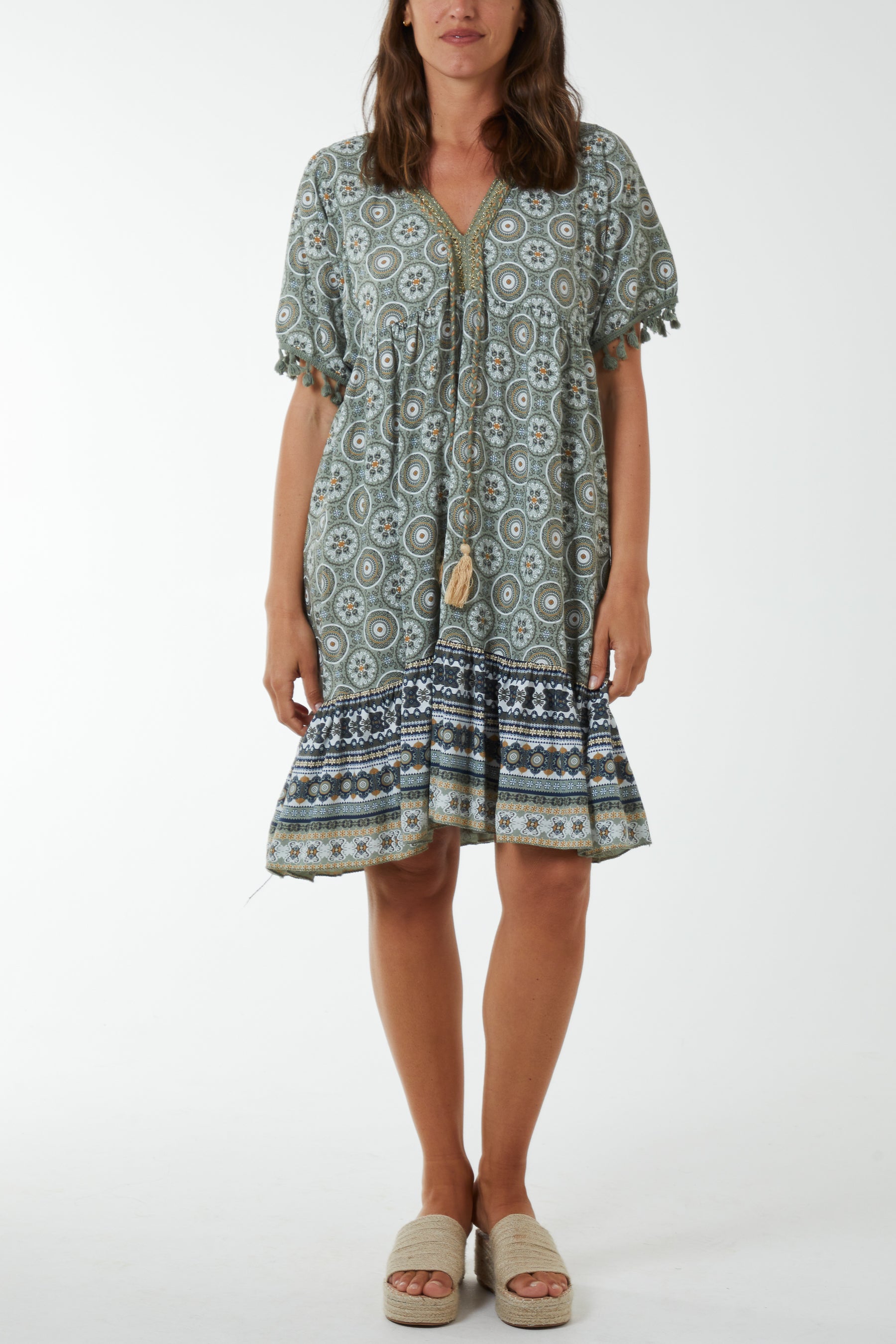 Geometric Print Dress with Tassels