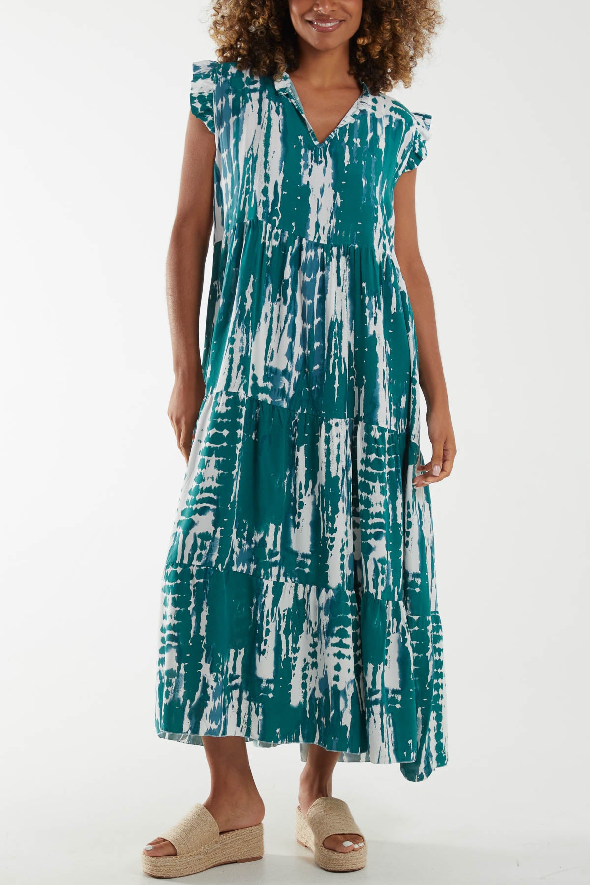 Abstract Frill Sleeve Tiered Dress