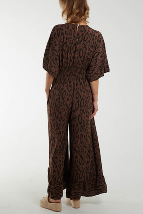 Leopard Wrap Front Shirred Bodice Jumpsuit
