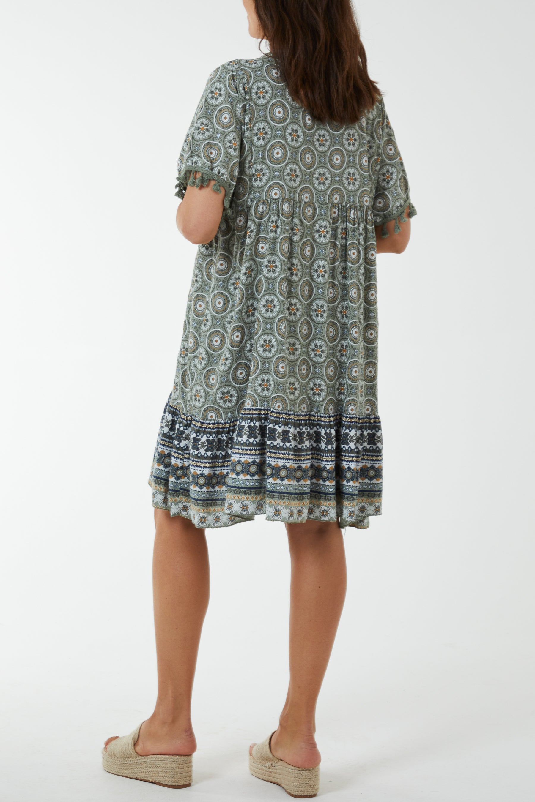 Geometric Print Dress with Tassels