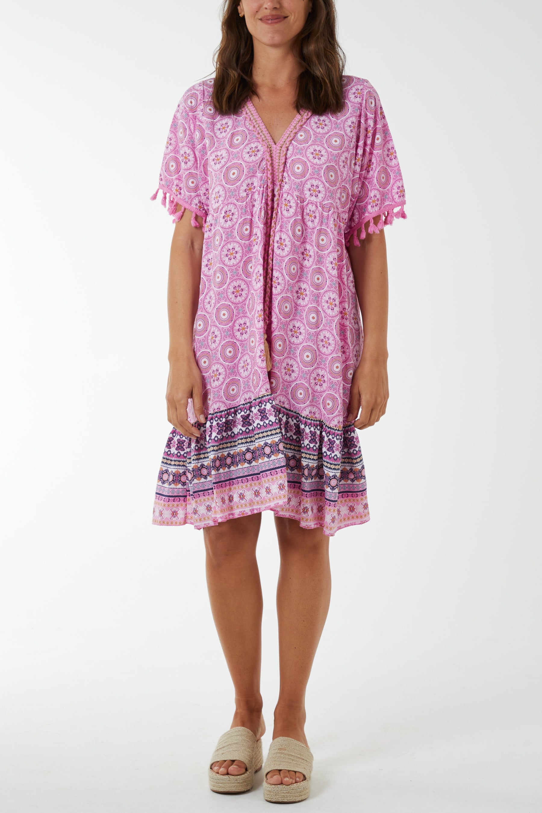 Geometric Print Dress with Tassels