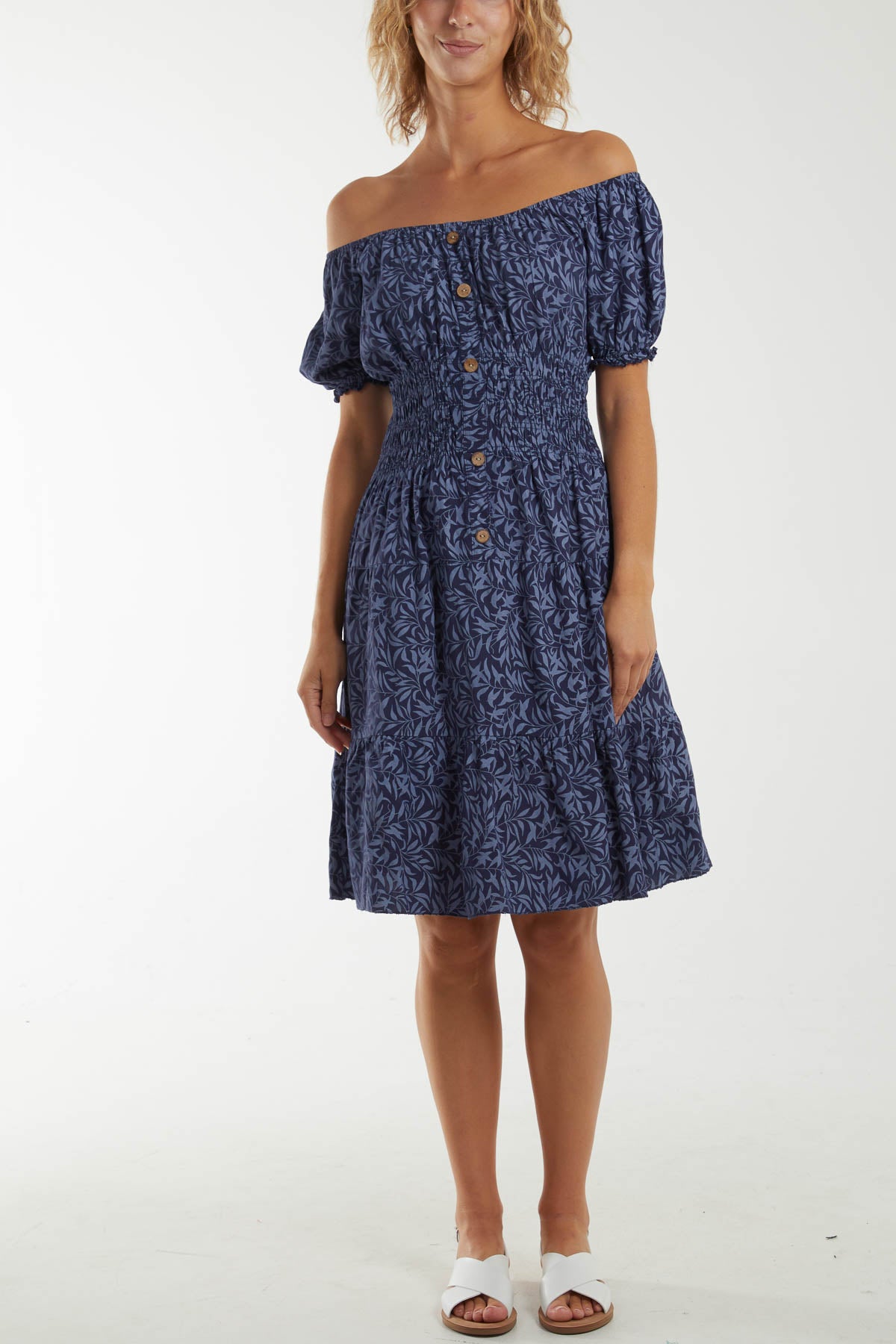 Leaf Print Puff Sleeve Shirred Waist Bardot Mini Dress